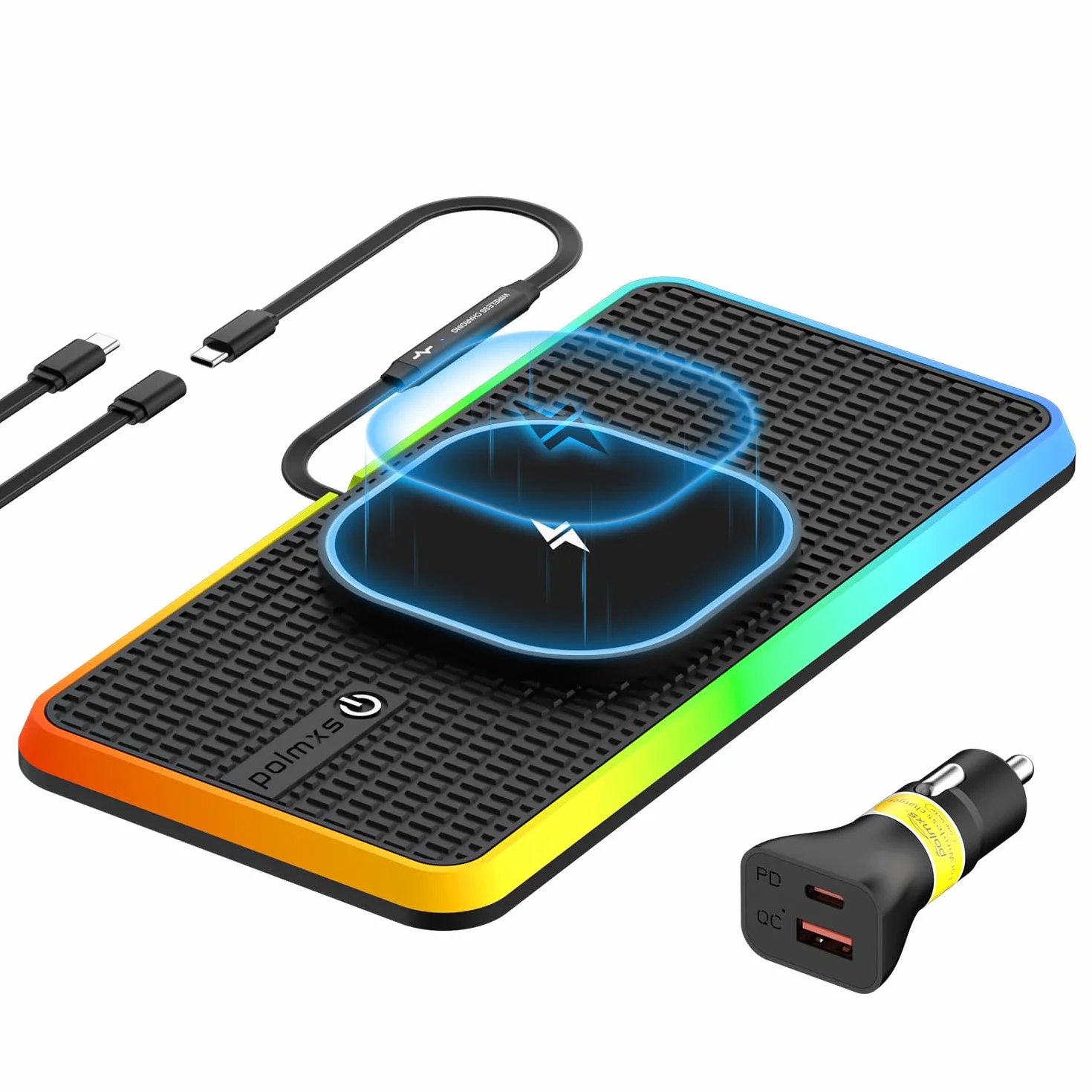 Tappetino di Ricarica Wireless Auto RGB per MagSafe, Polmxs Caricatore Wireless Auto Magnetico da 15W con LED, Cavo da 30cm + Prolunga da 70cm Compatibile con iPhone 16–12 Pro, AirPods (K1MAG)