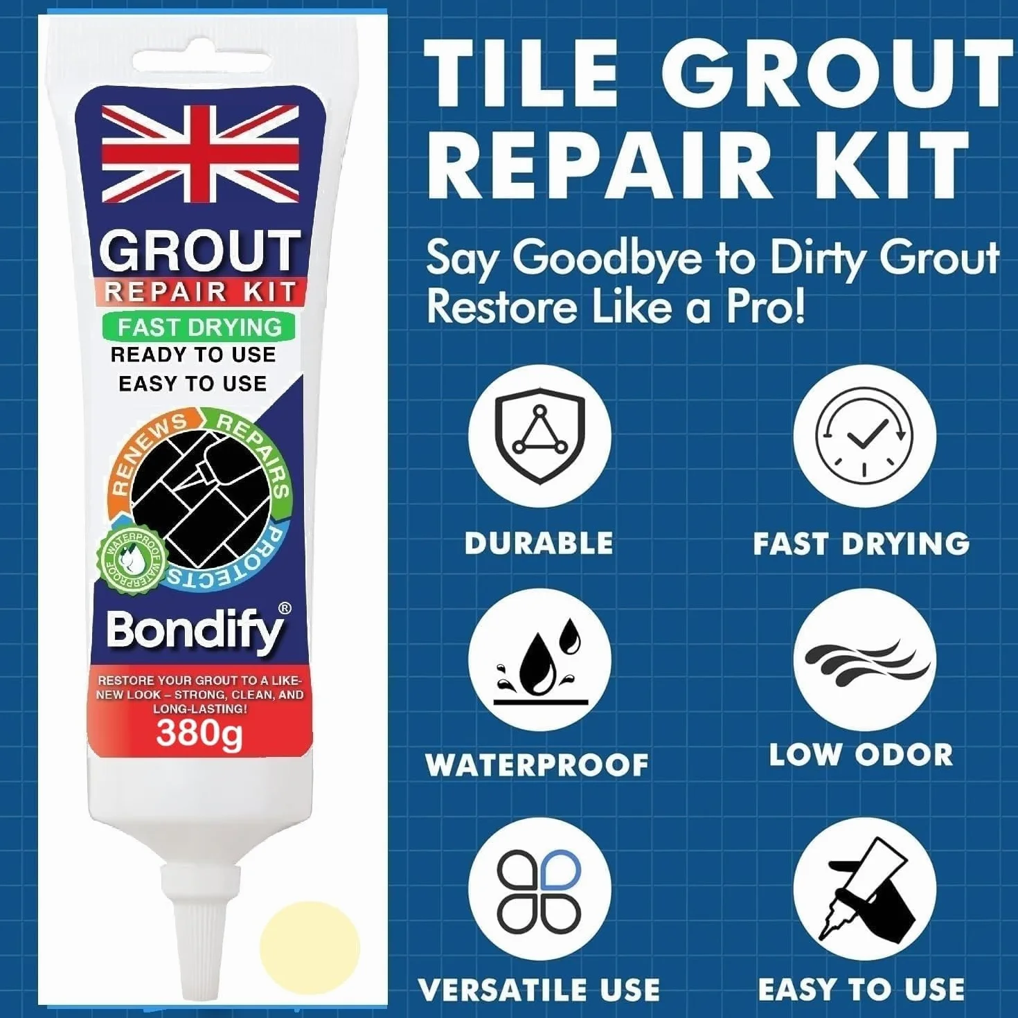 Kit Riparazione Fughe Piastrelle Crema ANTI-MUFFA 380g Stucco per Piastrelle Bagno & Doccia Sigillante per Malta