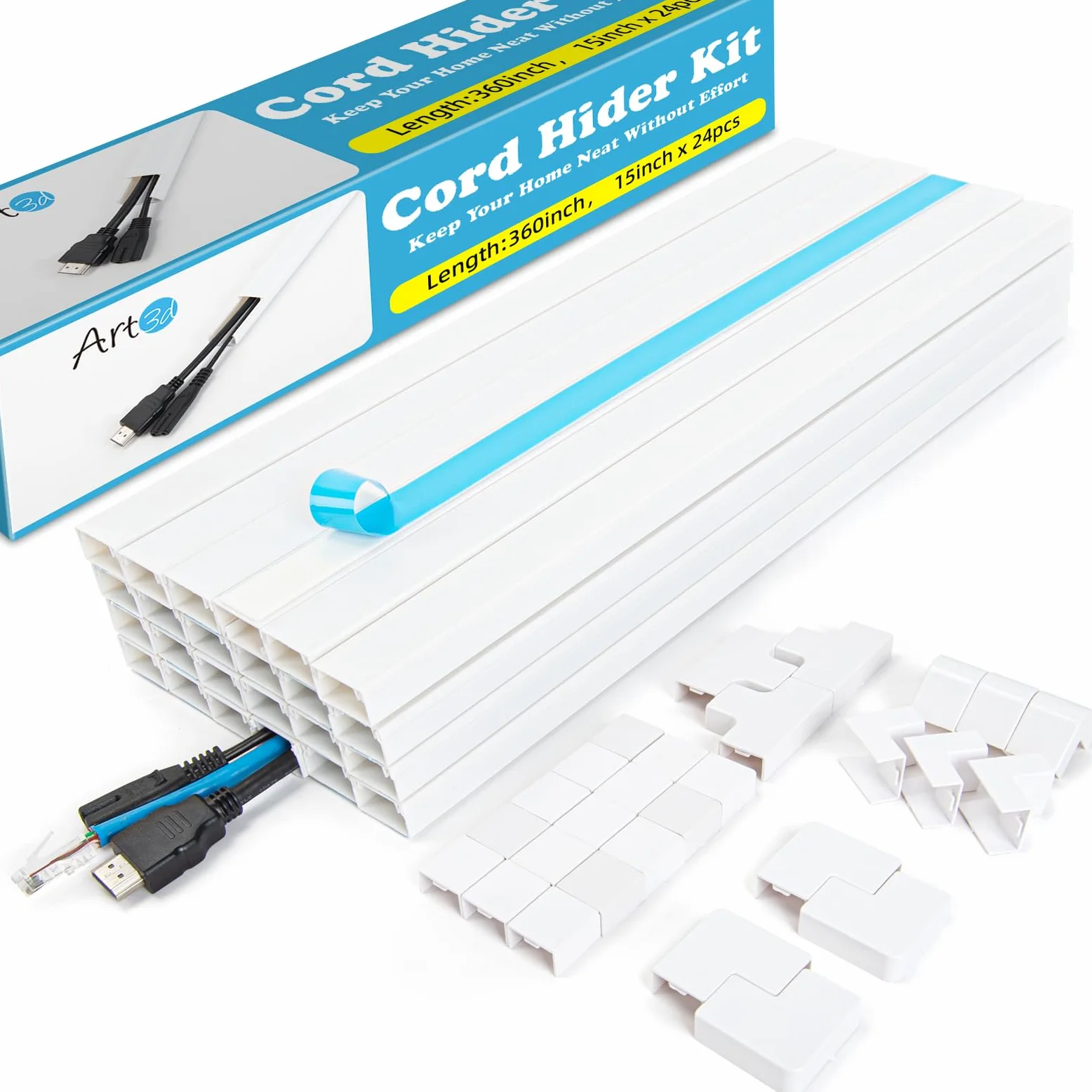 Art3d Kit canalina per cavi, 9,14 metri, copricavi per parete, canalina autoadesiva per cavi, kit di gestione dei cavi per casa e ufficio, 24 x 380 mm, 24 x 24 x 14 mm, bianco