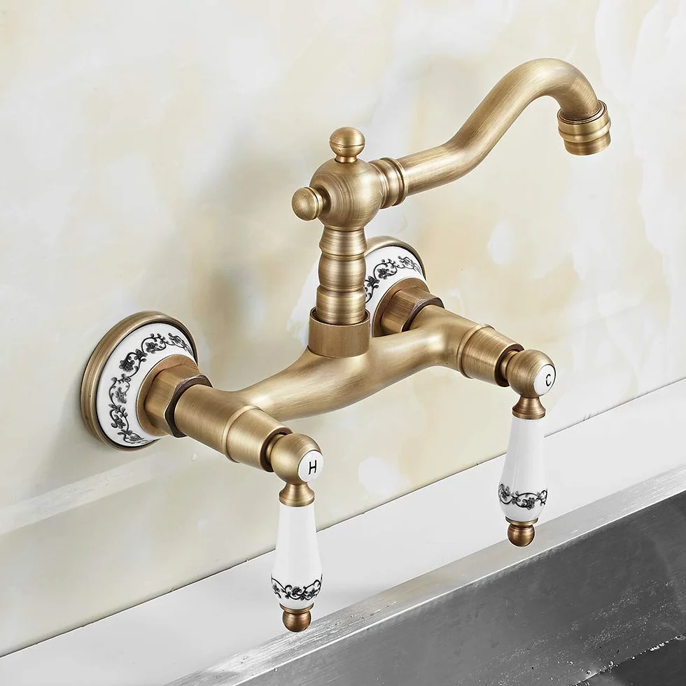 Rubinetto Bronzo a Muro in Ottone con Doppio Manopole in Ceramica Rotazione 360 ° Rubinetto per Cucina a Parete Vintage Supporto Caldo e Freddo Raffinato
