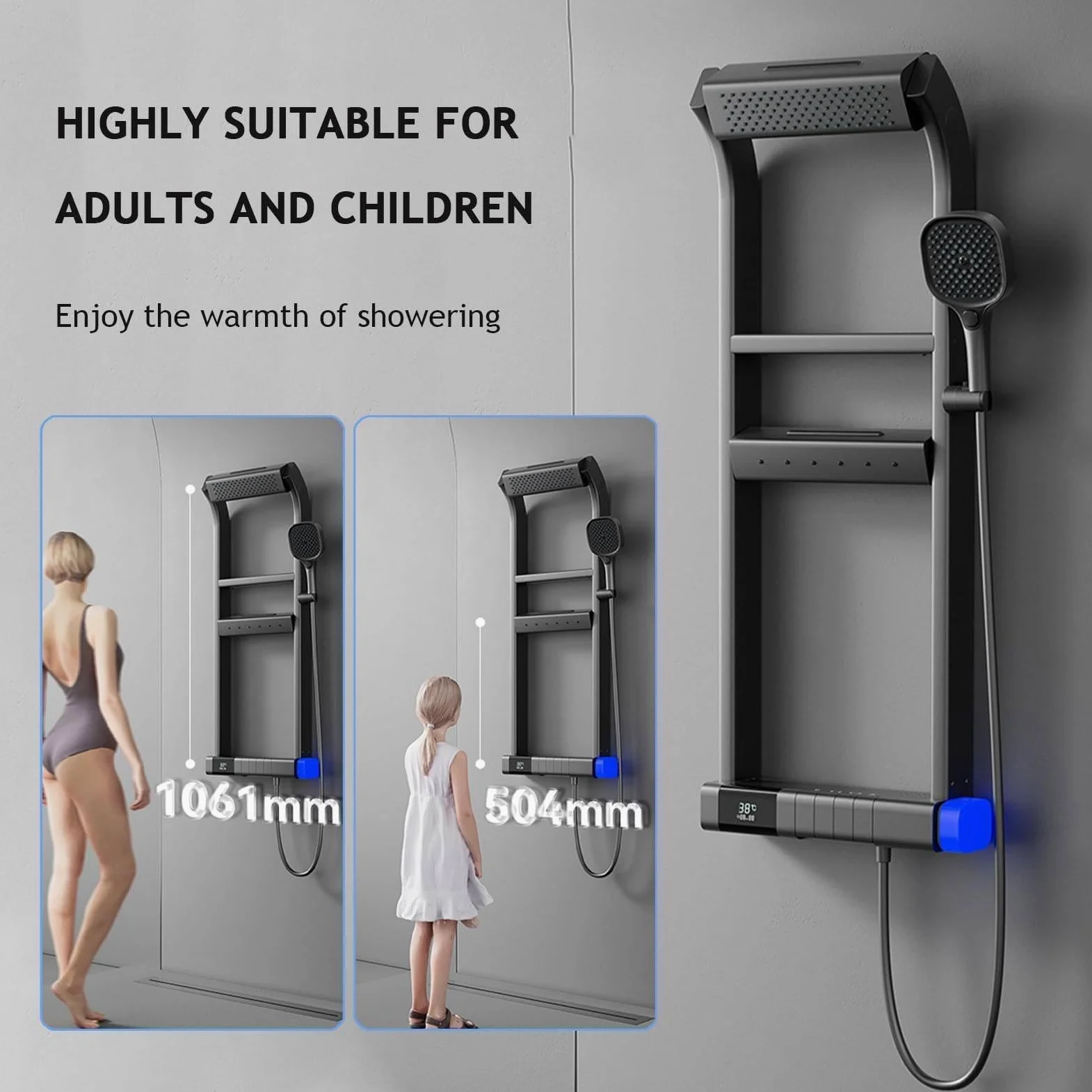 Set Miscelatore Doccia con Display Digitale a LED, soffione a Pioggia e soffione Portatile, Pannello di Controllo per Bagno, mensola a Torre per ristrutturazioni Moderne