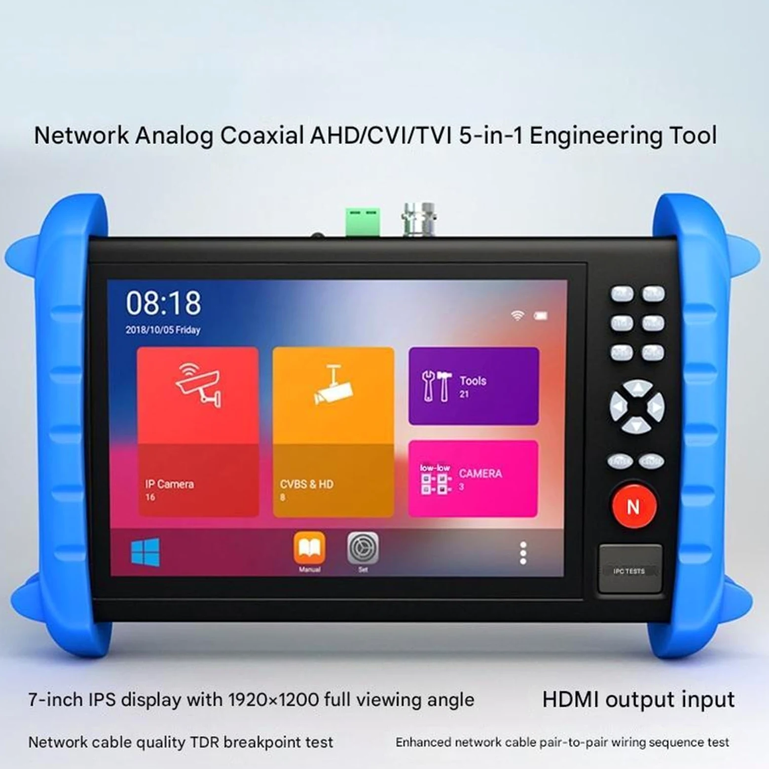 Tester per analizzatori CCTV Tester for telecamere IP IPCXS-ACHT 5 in 1 Test video di rete/analogico/coassiale AHD/CVI/TVI Uscita HDMI con touch screen/display LCD
