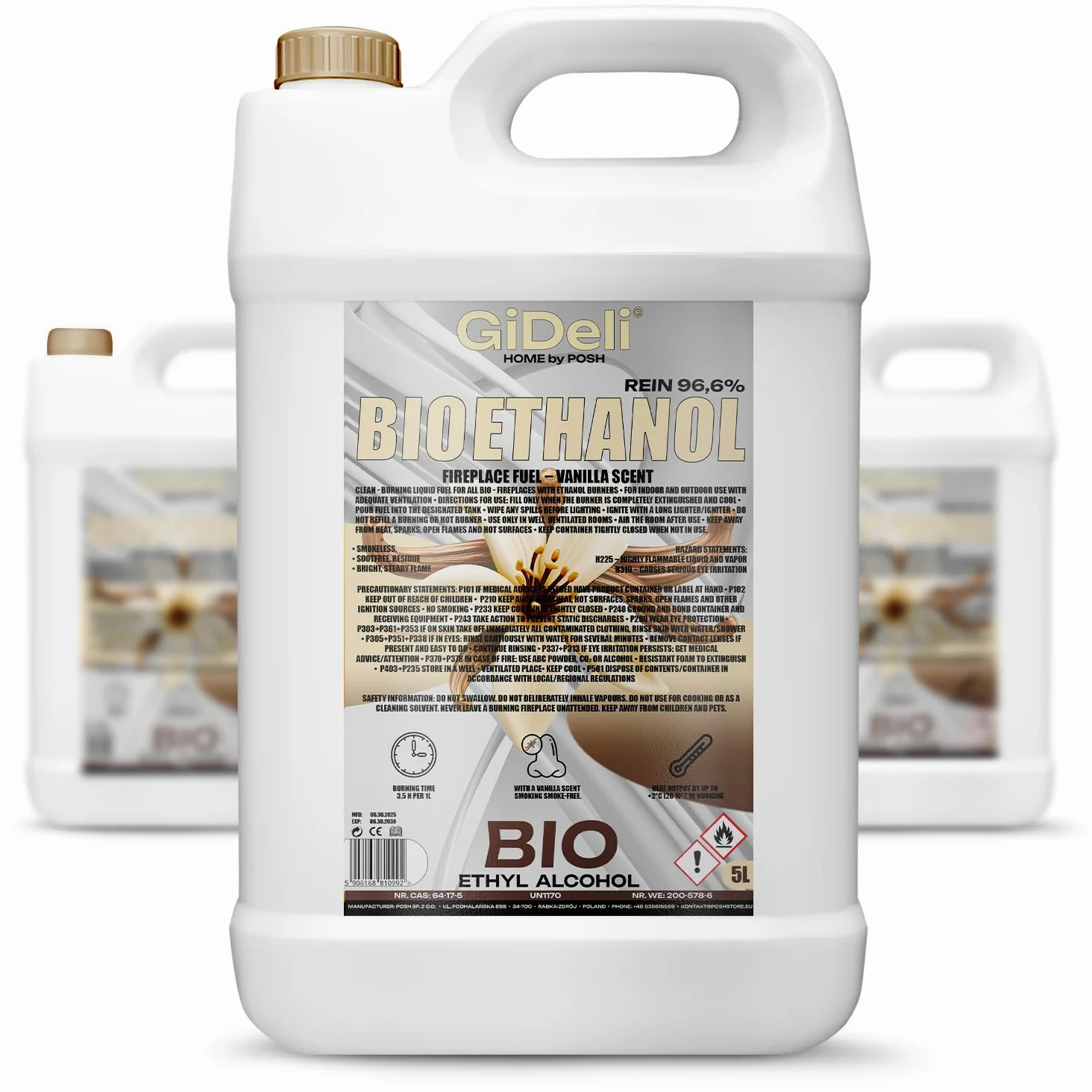 GiDeli Bioetanolo 3 x 5 l profumo di vaniglia 96,6% etanolo per camini interni ed esterni, senza fumo e fuliggine, da mais e barbabietola da zucchero