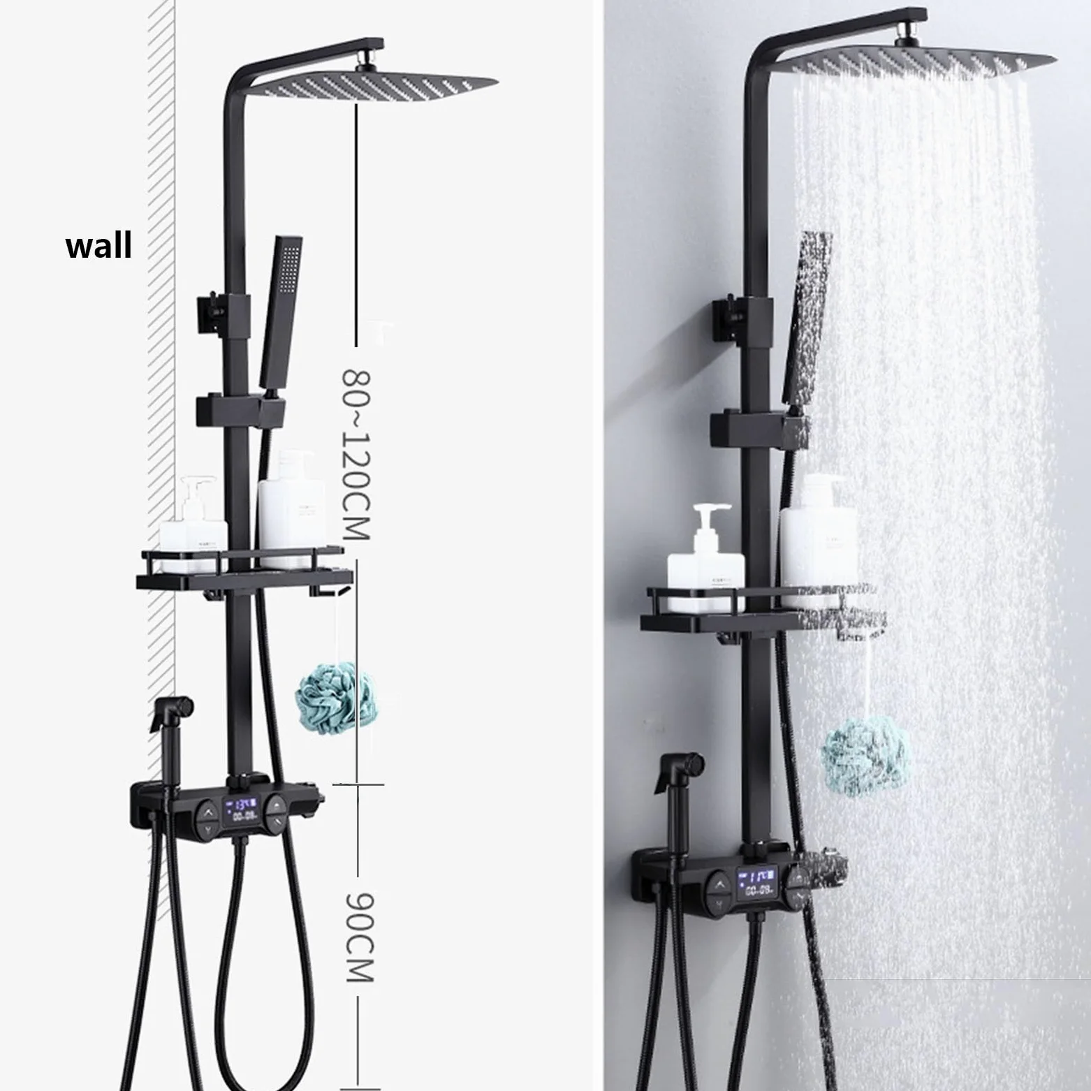 Sistema Doccia Nero con Display Digitale, Set Rubinetto termostatico per Bagno a 4 Vie con beccuccio per Vasca, soffione a Pioggia da 10", doccetta e doccetta per Bidet