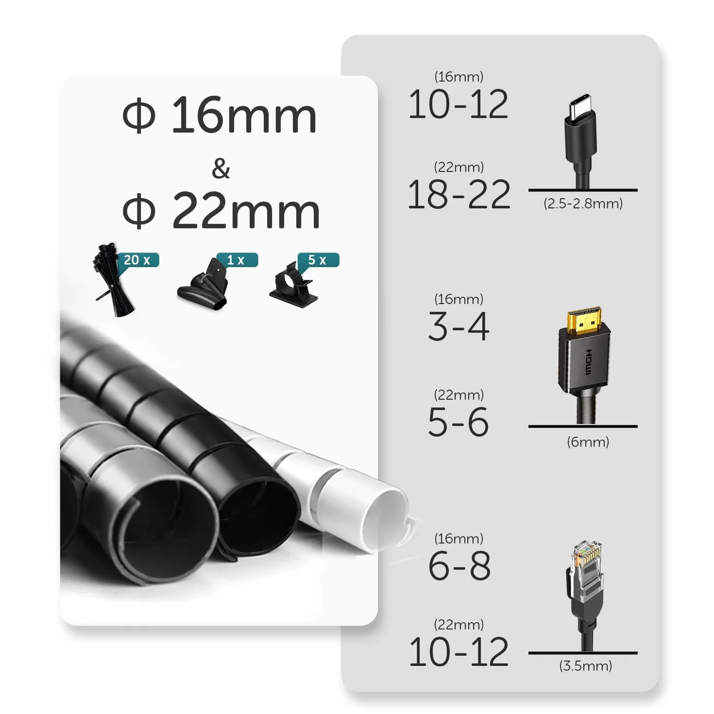 Shinfly Guaina passacavi 2X1.5m 16mm/22mm nero per cavi TV PC