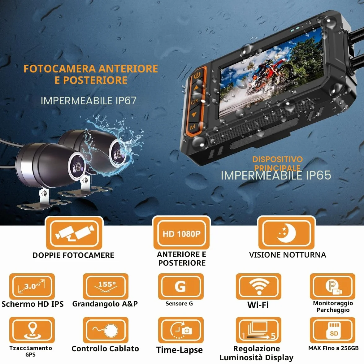 ydi Dash Cam Anteriore e Posteriore 1080P per Moto, Impermeabile Moto Doppia Grandangolare 155 Gradi Fotocamera con Schermo da 3 Pollici, Wi-Fi, GPS, Telecomando a Filo, Monitor di Parcheggio