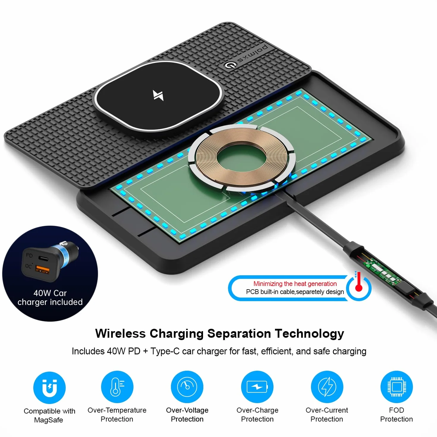 Tappetino di Ricarica Wireless Auto RGB per MagSafe, Polmxs Caricatore Wireless Auto Magnetico da 15W con LED, Cavo da 30cm + Prolunga da 70cm Compatibile con iPhone 16–12 Pro, AirPods (K1MAG)
