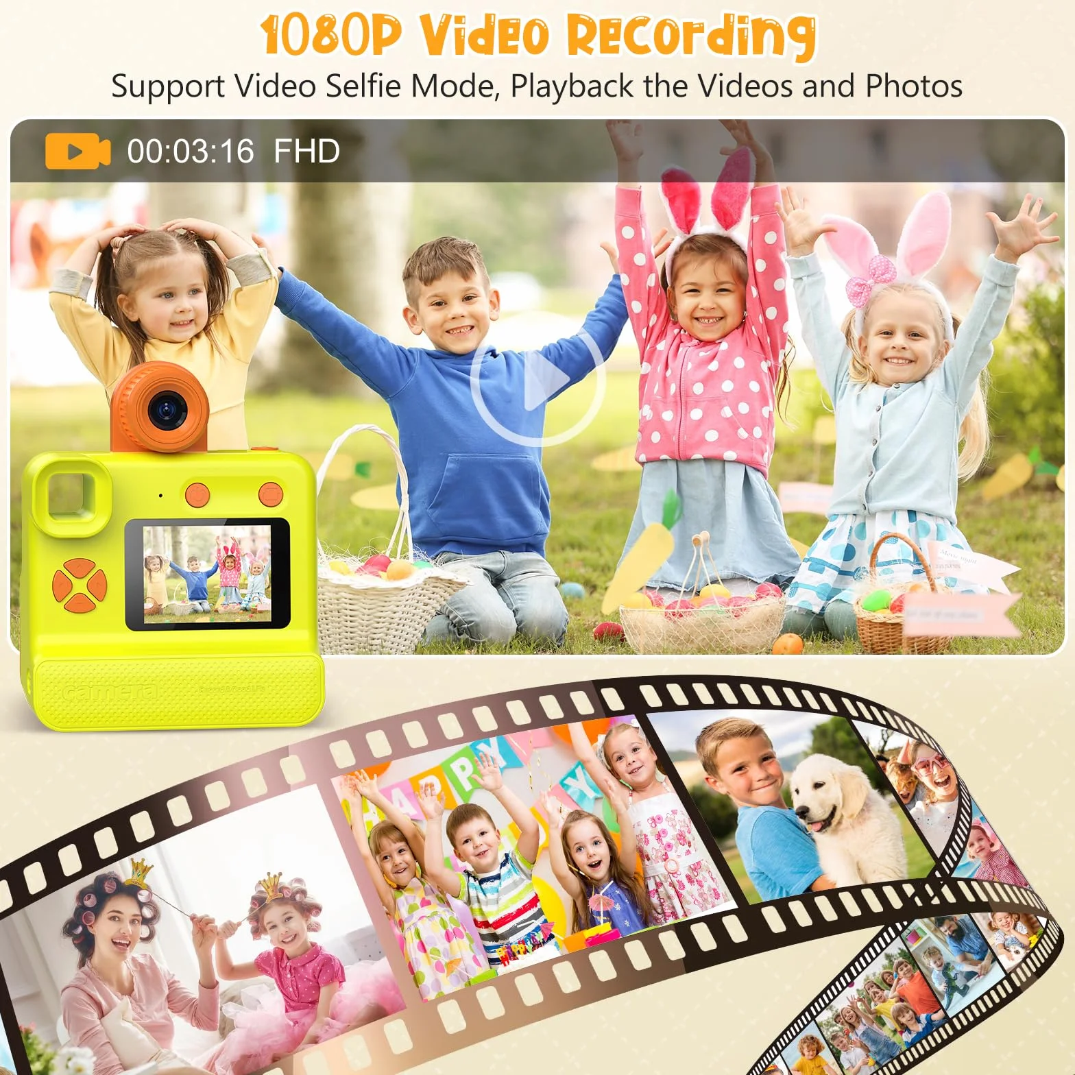 Macchina Fotografica Bambini Istantanea, 1080P Digitale Fotocamera Istantanea Bambini, Regalo per Bambini dai 3-12 Anni, 32GB Scheda SD, 5 Penne Colorate (giallo)