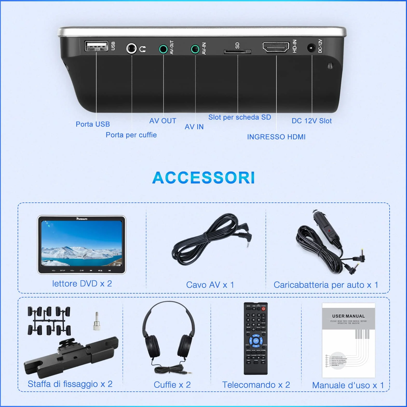 NAVISKAUTO Lettore dvd da auto per poggiatesta，due cuffie dotate, due monitor da 10.1＂, supporta USB/SD/Region free/AV-in e out, cavo AUX, 18 mesi di garanzia, per bambini