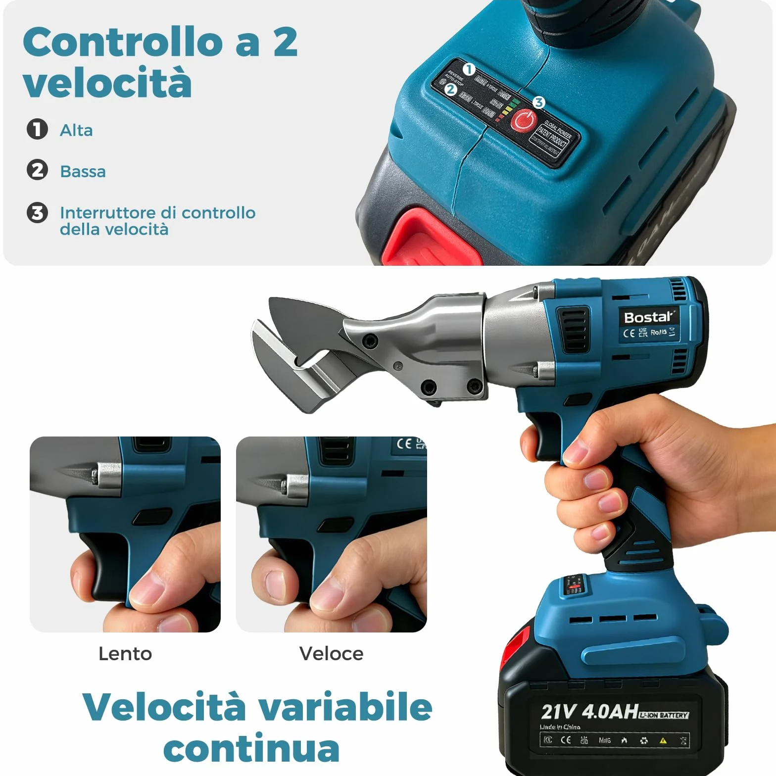 Bostar Cesoia per Lamiera a Batteria Brushless, Taglierina Elettrica per Metallo 1,5mm Alluminio 2,0mm, Testa Girevole 360°, 2x 4.0Ah Compatibile Makita 18V