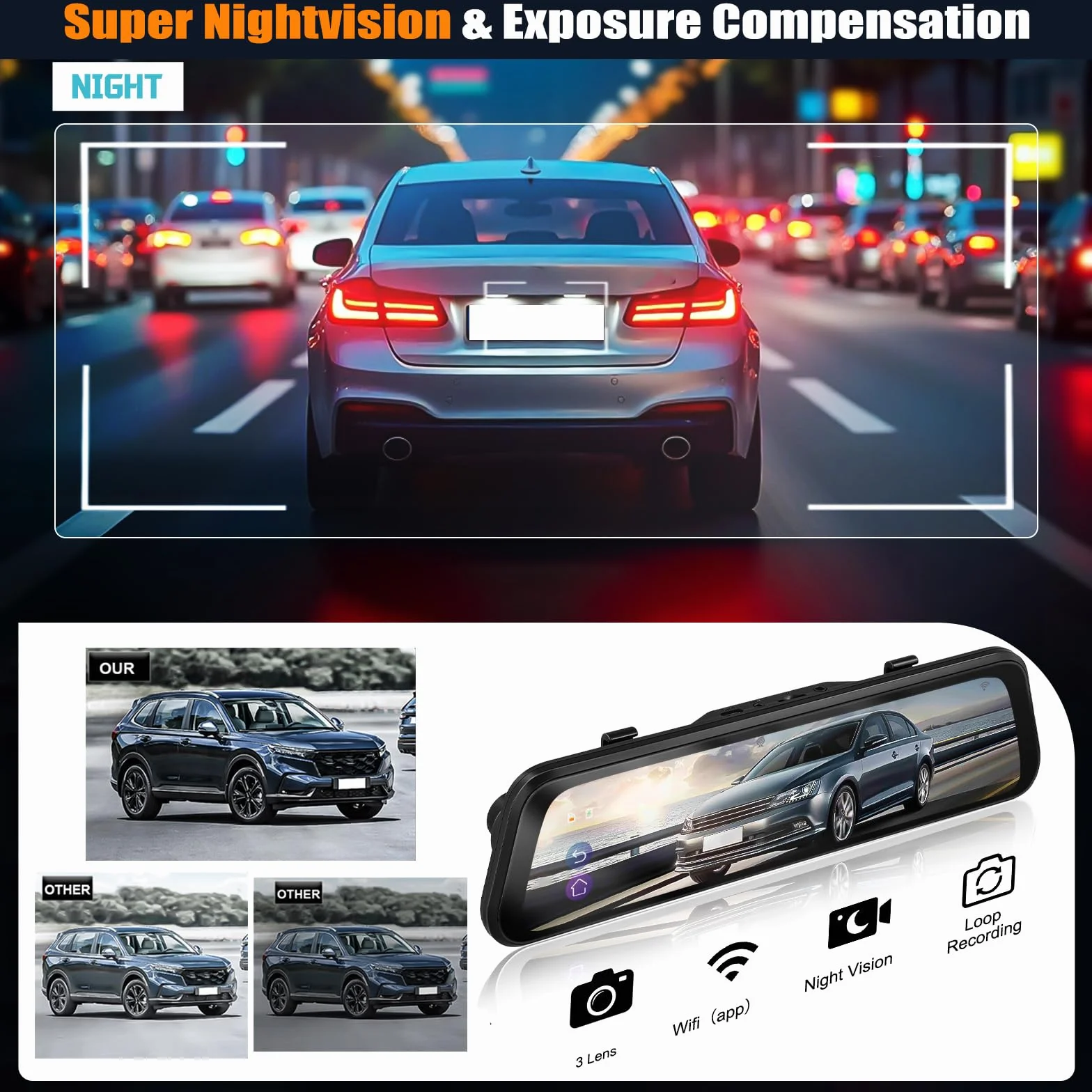 CAMECHO 9.66 Pollici 2K Mirror Dashcam Auto con 2 Telecamere 1080P, Anteriore 150° e Posteriore Dash Cam 120° con Linea inversa, Visione Notturna, Sensore G, Scheda da 64 GB WIFI APP