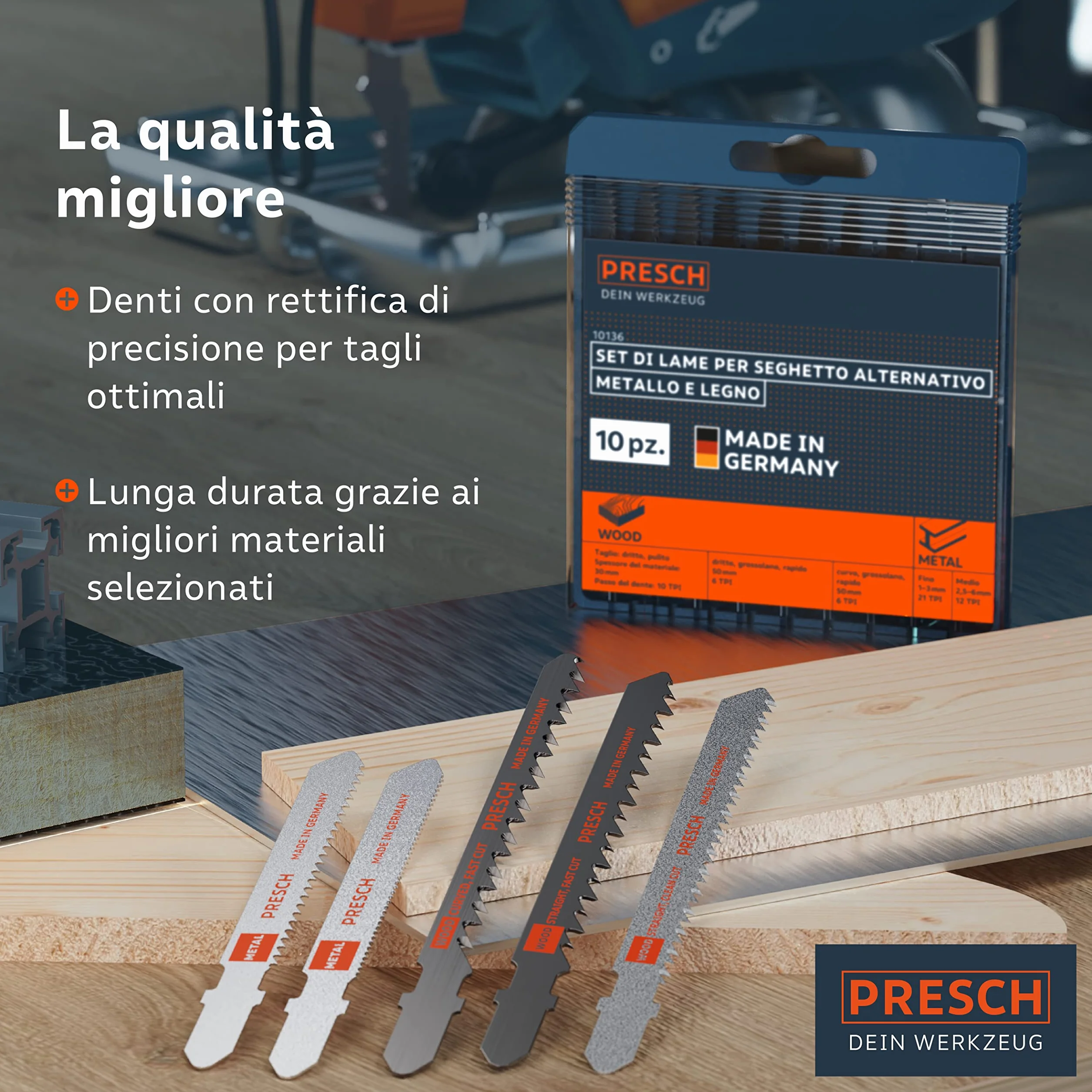 Presch Set di lame seghetto alternativo Metallo e Legno 10 pz. - Un unico set di lame per seghetto con codolo a T alternativo per tutte le applicazioni