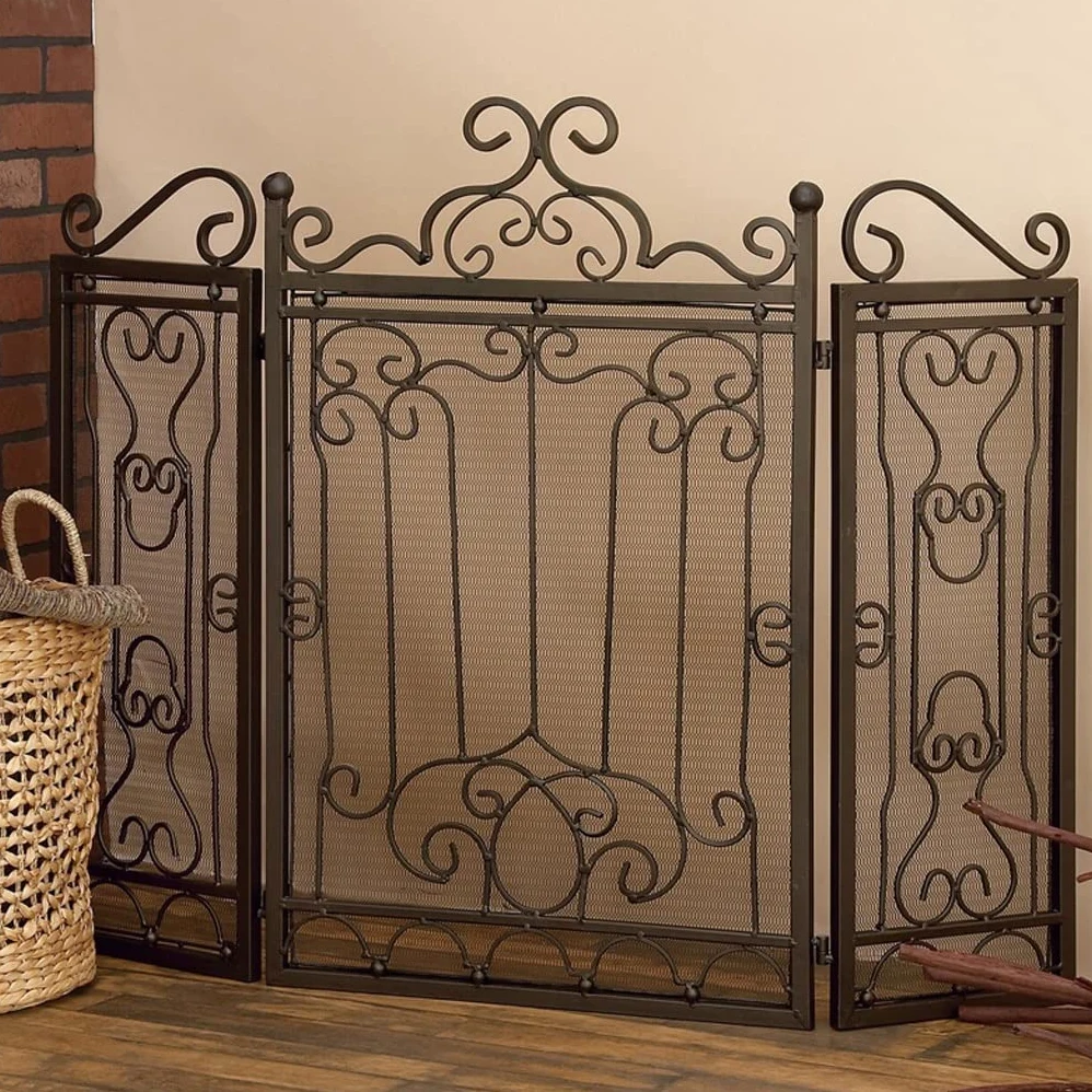 Schermi per Caminetti di Guardia Schermo antincendio francese in ferro battuto Piano Tri-Fold Real Fire Parete Parete Schermo divisorio Decoro Decoro Decoro Struttura for uso domestico Recinzione Sche