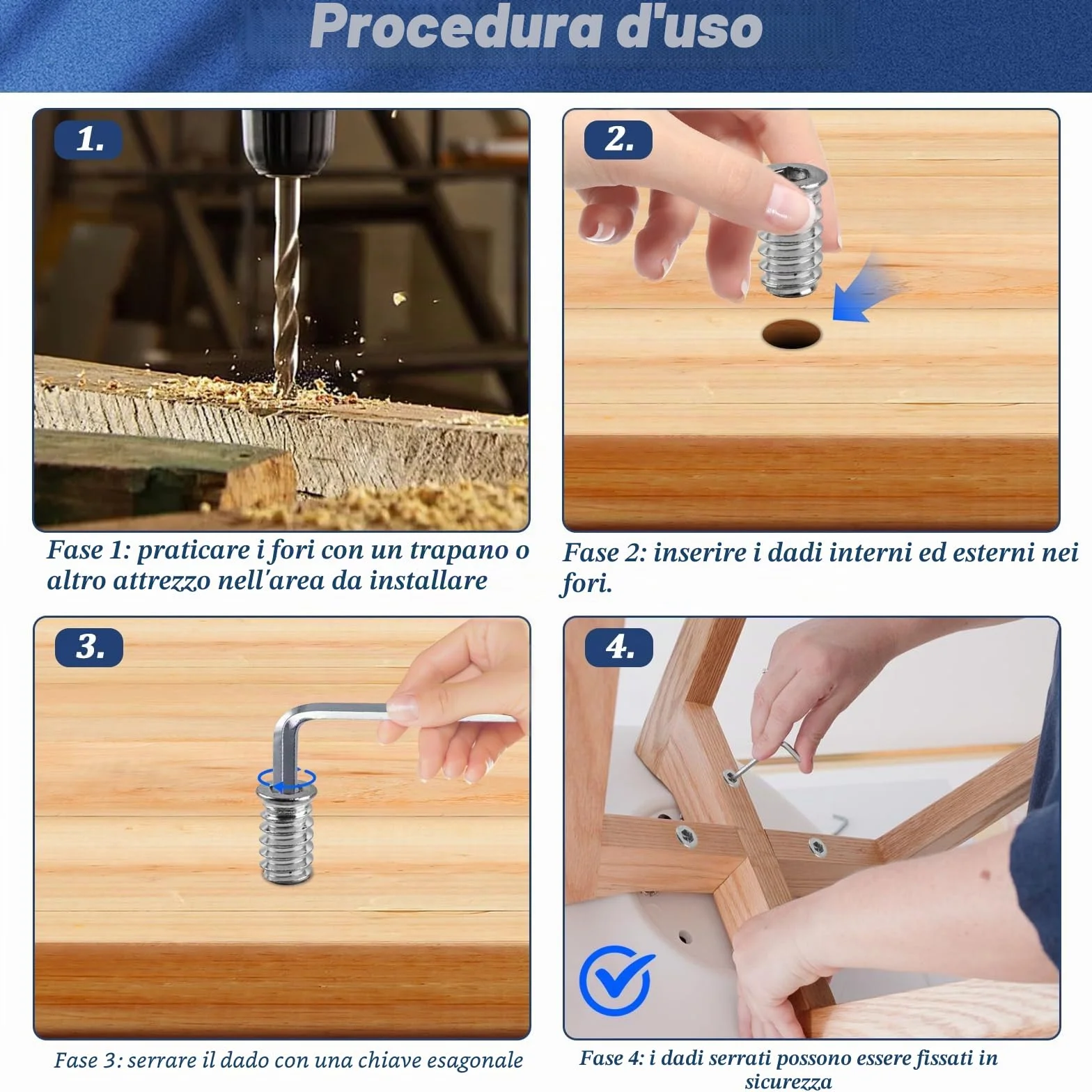 100 dadi di avvitamento M6 x 20 mm, inserto filettato in legno, inserti filettati in acciaio zincato, manicotto filettato a esagono incassato per mobili in legno