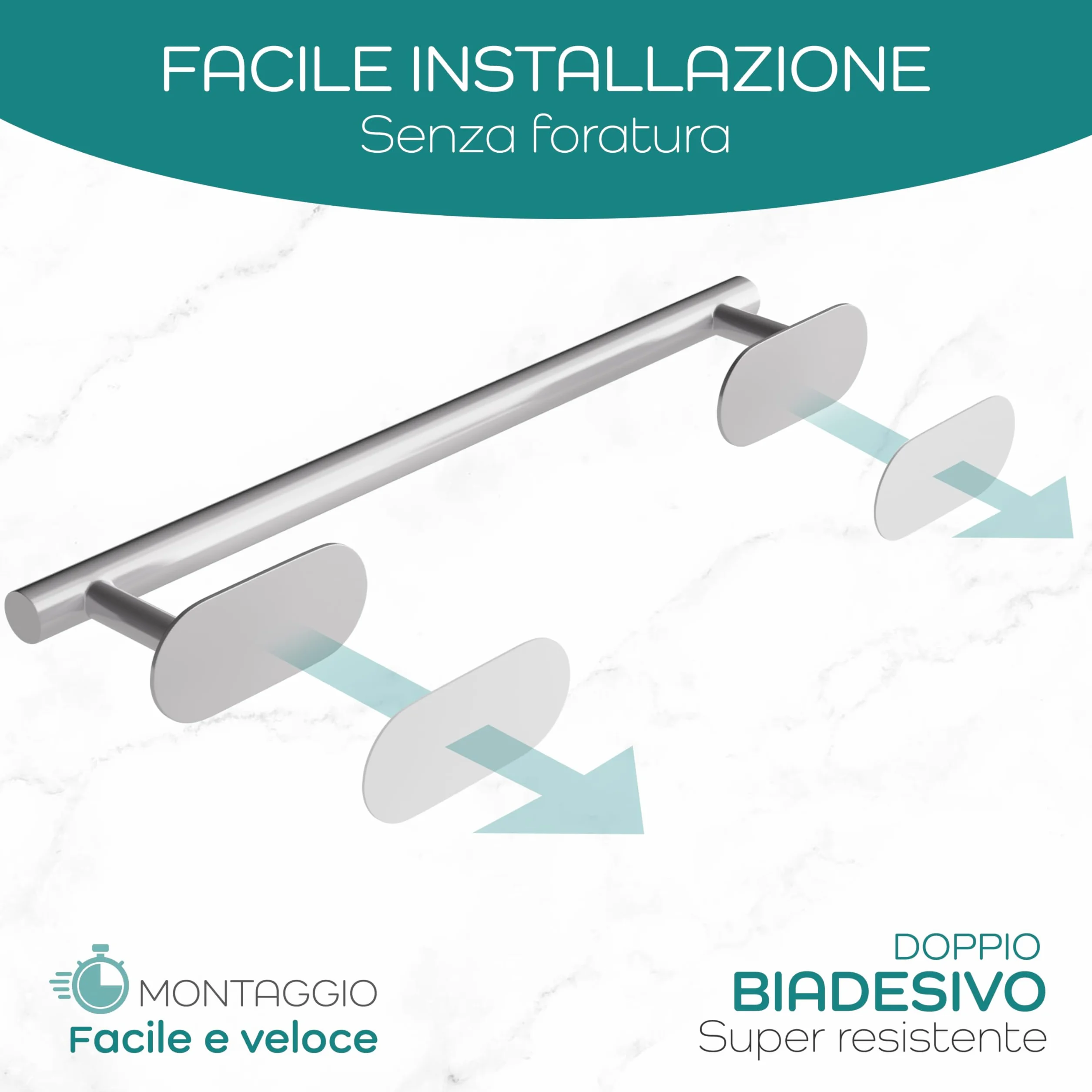 Porta Asciugamani Bagno Acciaio Inox Adesivo 40cm x 7,5cm - Extra Resistente