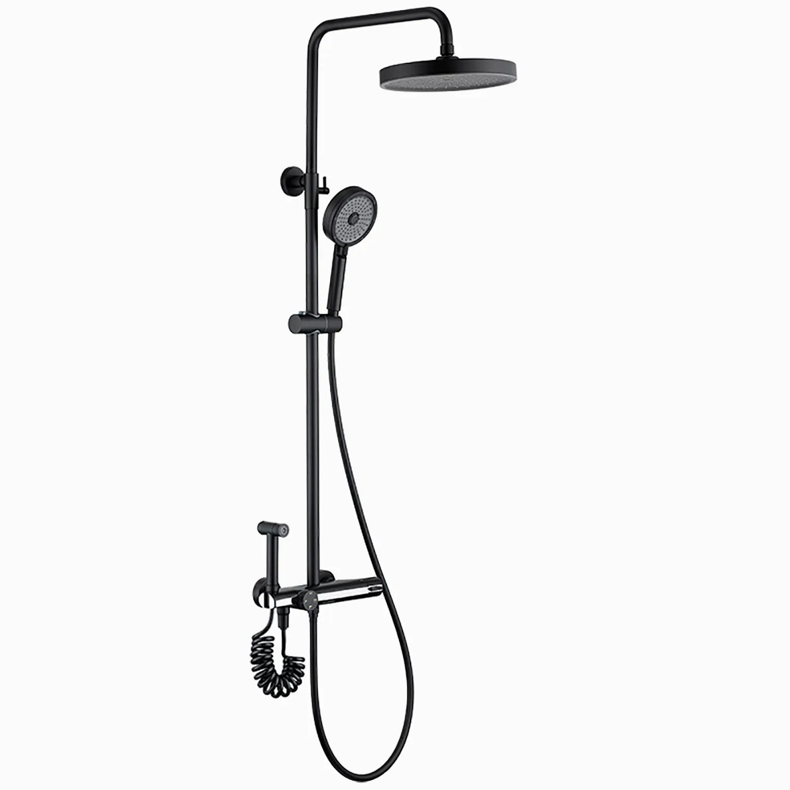 Sistema Doccia a Pioggia con soffione da 10 Pollici, Set Rubinetto termostatico a Parete, Cascata in Ottone, beccuccio per Vasca, doccetta a 3 modalità, Bidet S, Cromato (Nero)