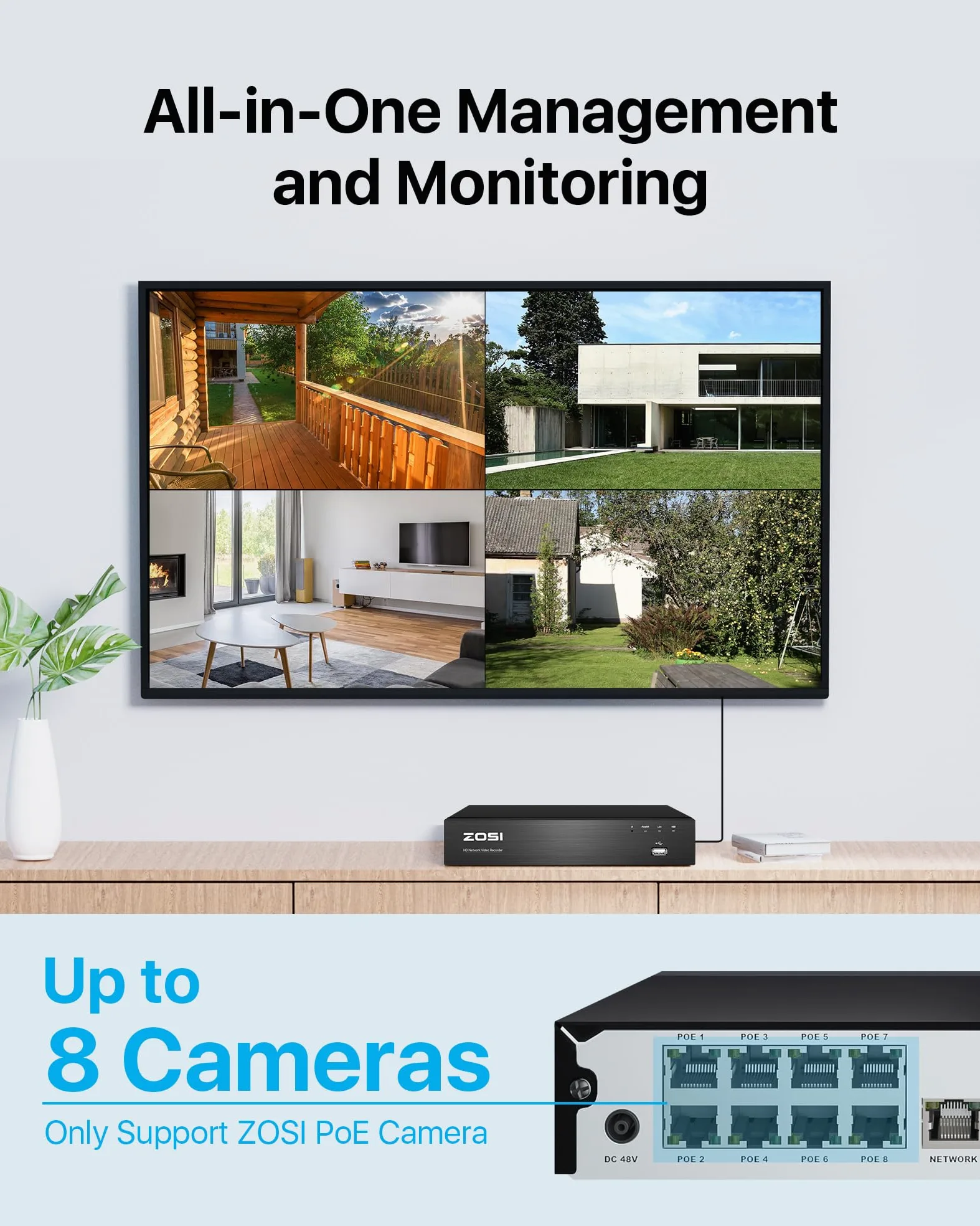 ZOSI Registratore di videosorveglianza 4K 8CH PoE NVR senza hard disk, supporta telecamere IP da 2MP/5MP/8MP, compatibile solo con telecamere PoE della stessa marca, H.265+, accesso remoto