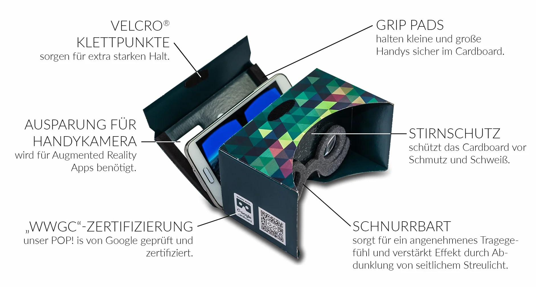 Google Cardboard 2.0 di MR.CARDBOARD. Visore VR Occhiali di realtà virtuale con cinturino per la testa per Android e Apple iOS. Fatto in Germania.