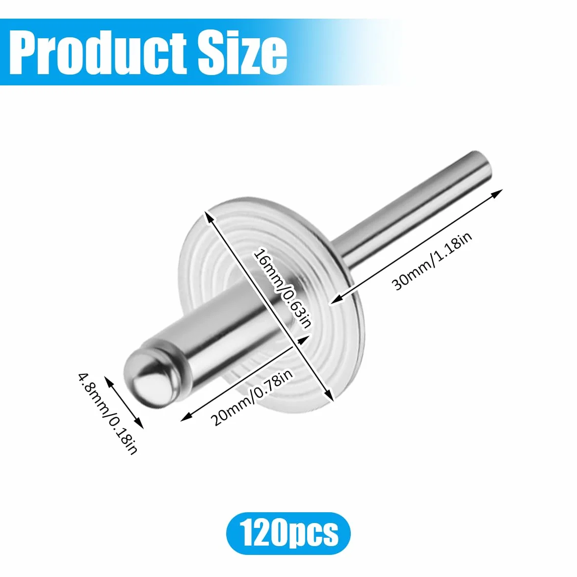 Rivetti Ciechi in Alluminio 4,8x16 mm Flangiati Grandi, Set 120 Pezzi Argento per Legno Mobili Lamiera