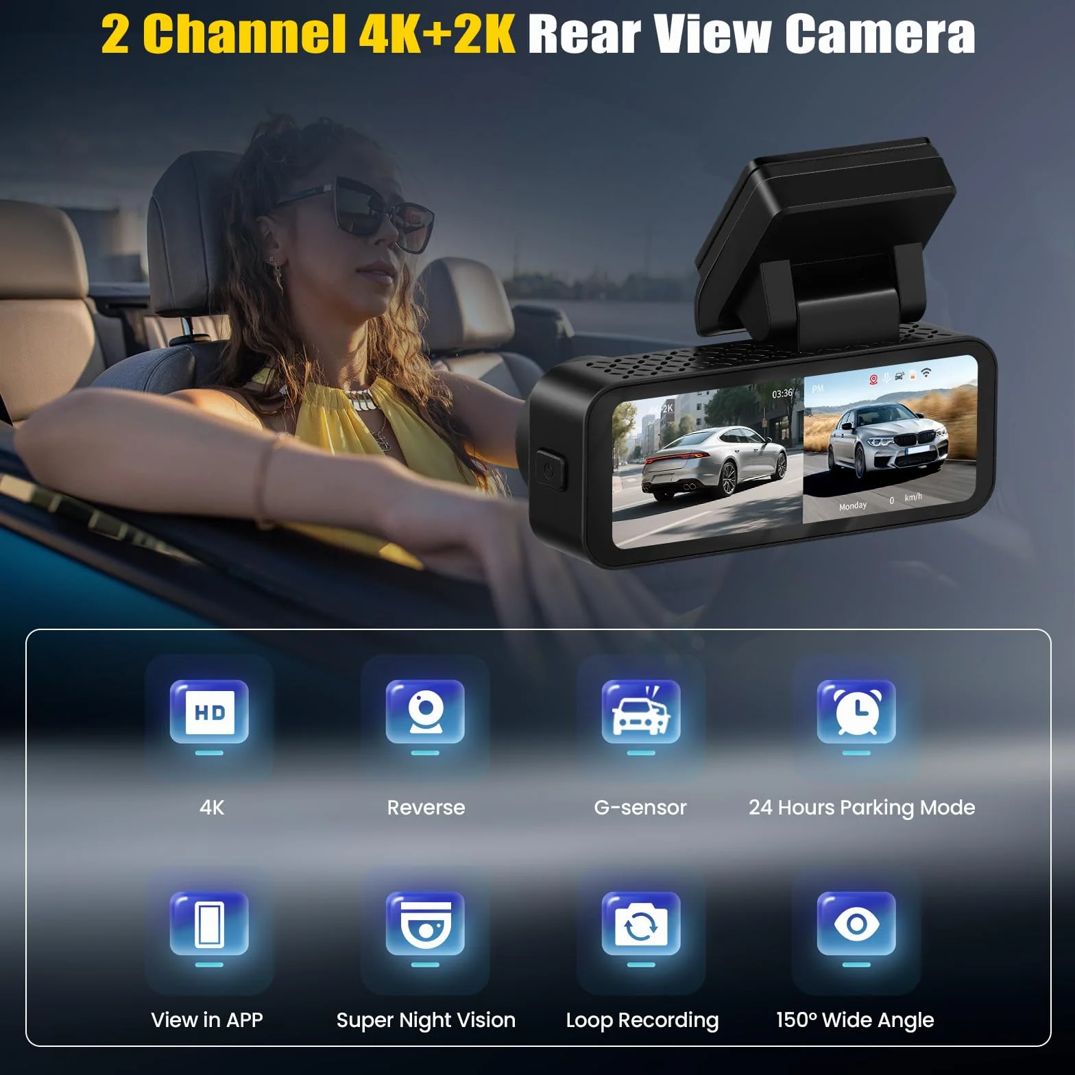 Dashcam 4K Anteriore e posteriore per auto, videocamera per auto 4K+2K FHD, videocamera per auto con GPS, ADAS, APP, Grandangolo 150°, visione notturna, sensore G, registrazione in loop