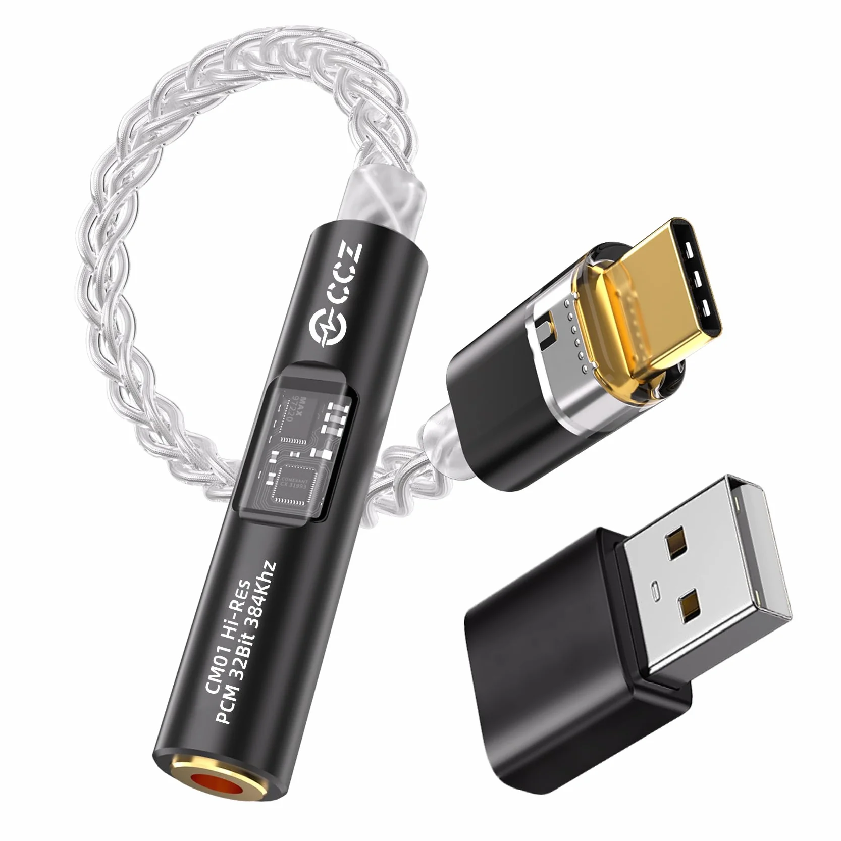 CCZ CM01 Adattatore per cuffie DAC da USB C a jack da 3,5 mm MAX97220 Amp Conexant CX31993 Chip di decodifica, convertitore audio ad alta risoluzione 24 bit/384 kHz con cavo placcato in argento