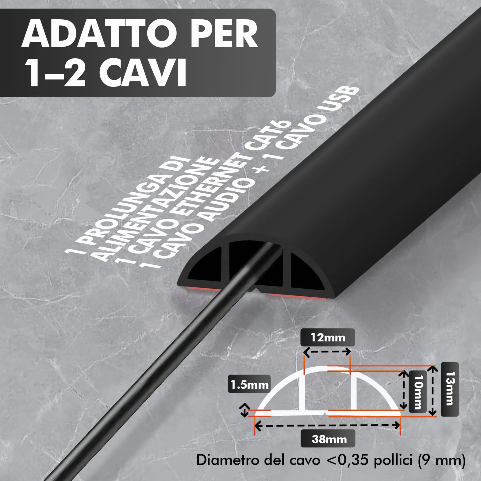 Shinfly Canalina da Pavimento Passacavi Calpestabile Autoadesiva PVC 1.6m 12x10mm Nero