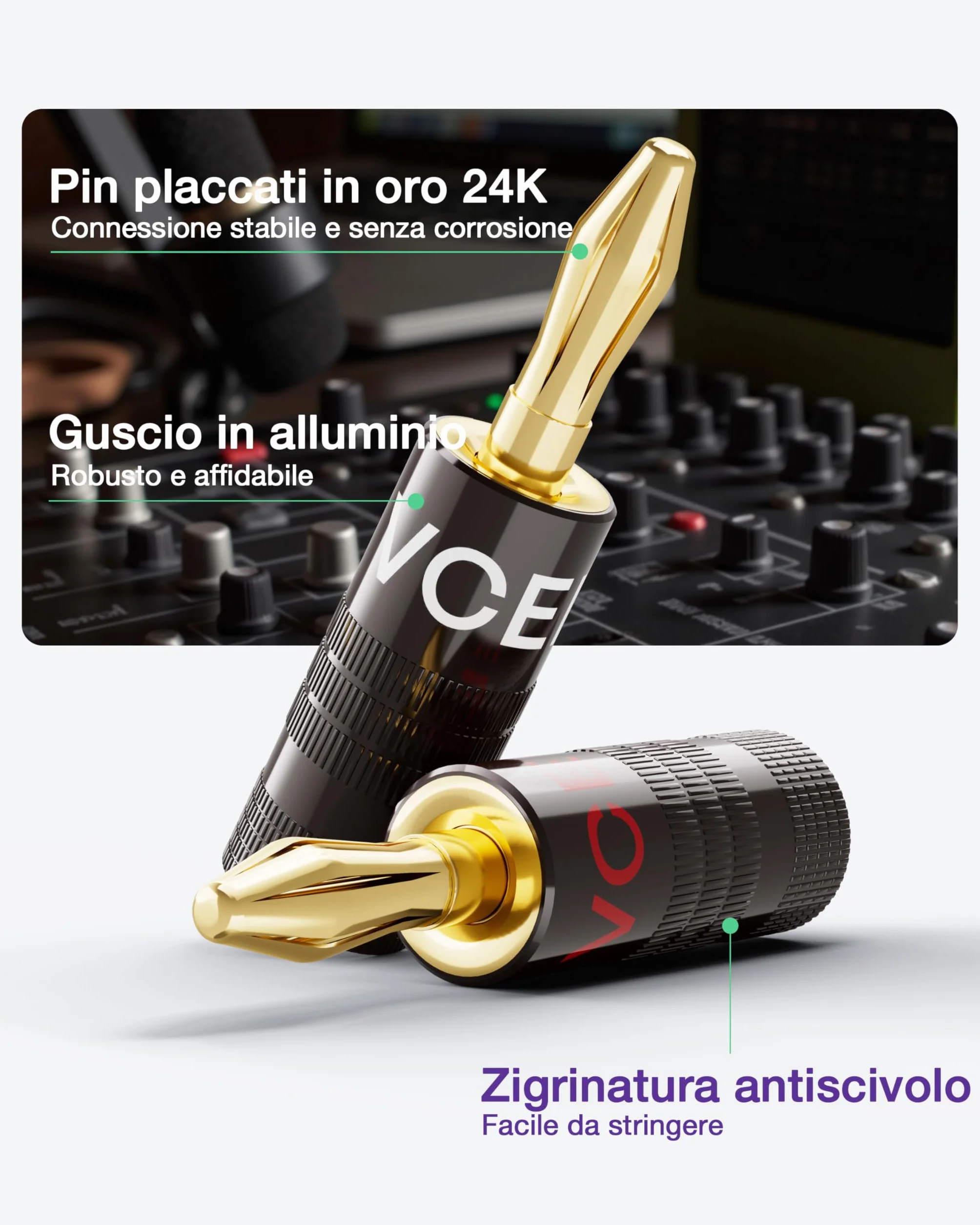 VCELINK 4mm Connettori a Banana, Placcate in oro 24K Connettori Banane Hifi a Doppia Vite per Fili da 12-18 AWG, Piastra a muro, Amplificatore, Home Theater, 4 Pezzie