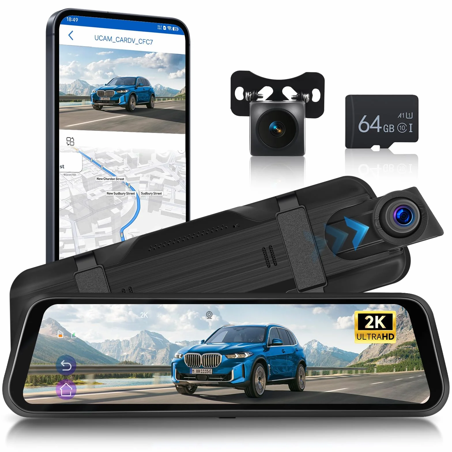 Hodozzy 2K WiFi Specchietto Retrovisore Dash Cam, Dashcam Retrovisore con Schermo IPS 9,66 Pollici Touchscreen con Controllo App, Visione Notturna, Registrazione Loop, Sensore G, BSD LCA+ Scheda 64 G