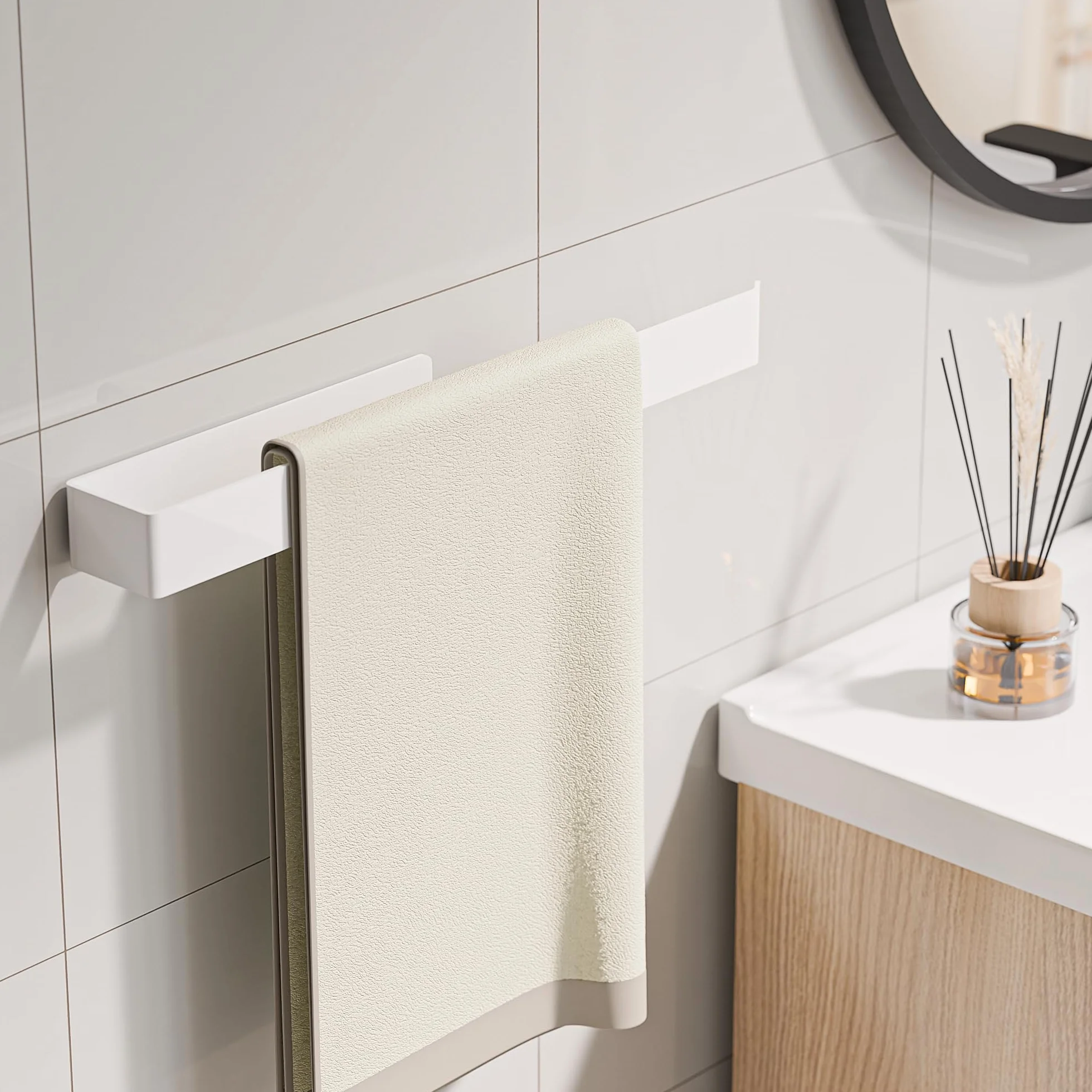 Portasciugamani senza foratura in alluminio, metallo, per bagno e cucina, bianco 32 cm