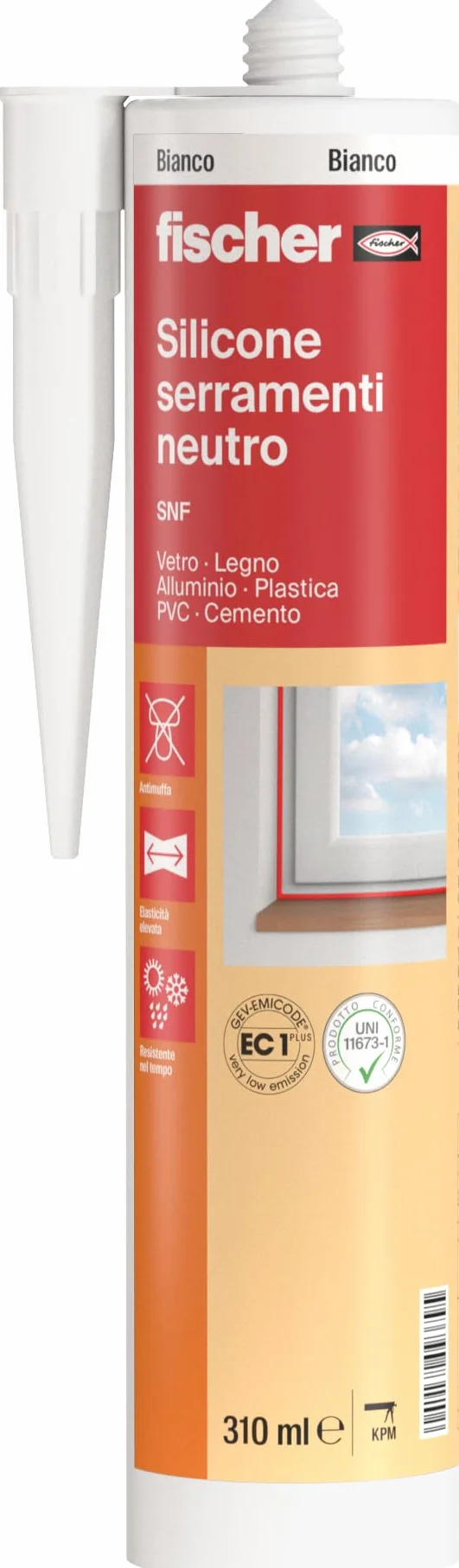 Fischer SNF Silicone Sigillante Legno Bianco, Pavimenti e Finestre, Neutro a Basso Modulo, Elastico, Inodore, Esterno/Interno