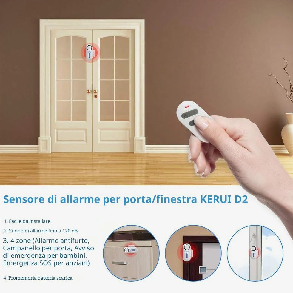 KERUI Allarme Casa Senza Fili D2, 4 Zone Sistemi di Sicurezza Domestica con 2 Sensore Movimento,1 Allarme Porta 4 Sensori Porta 1 Telecomando, 120dB Sensori Allarme Porte e Finestre per Casa Garage