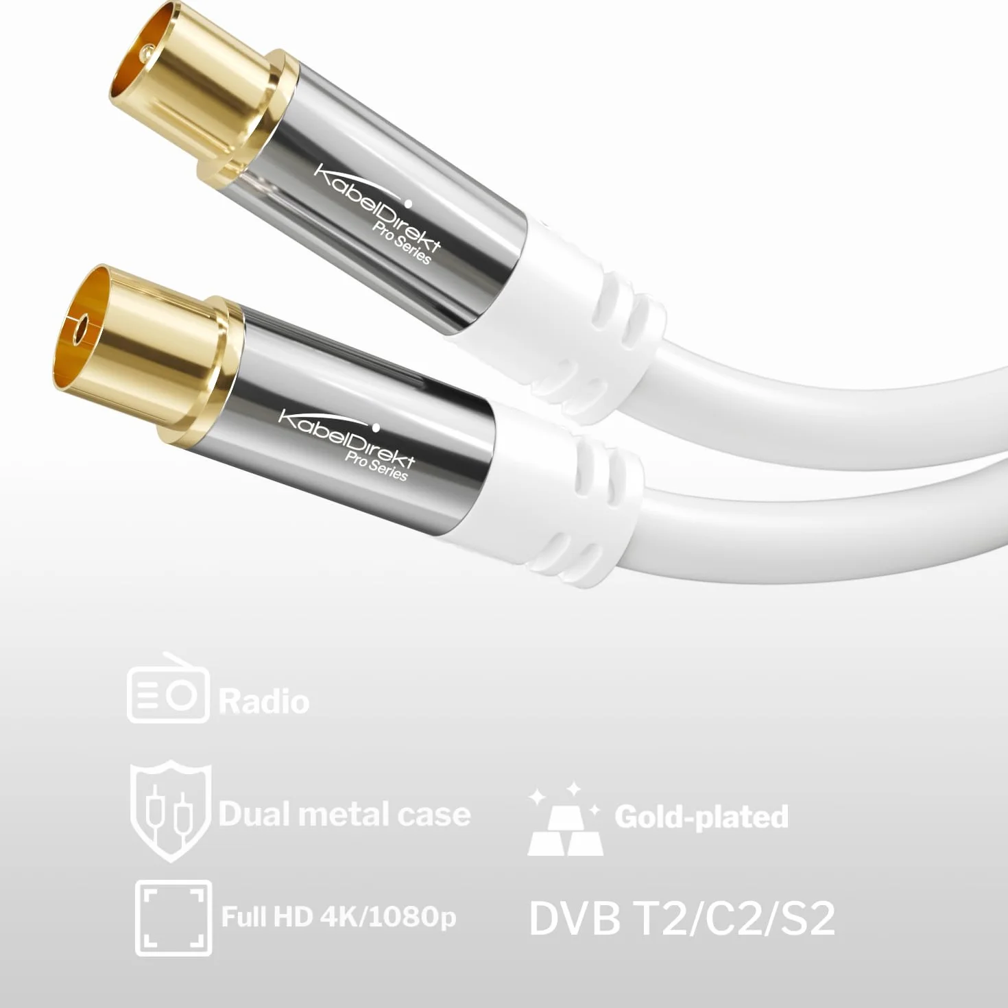 KabelDirekt – Cavo Antenna TV 4K, Coassiale – 2 m – Cavo TV digitale e analogica, connettori in metallo – Disponibile in 0,5-20 m (Spina a presa, per DVB-C/DVB-T/DVB-S, bianco)