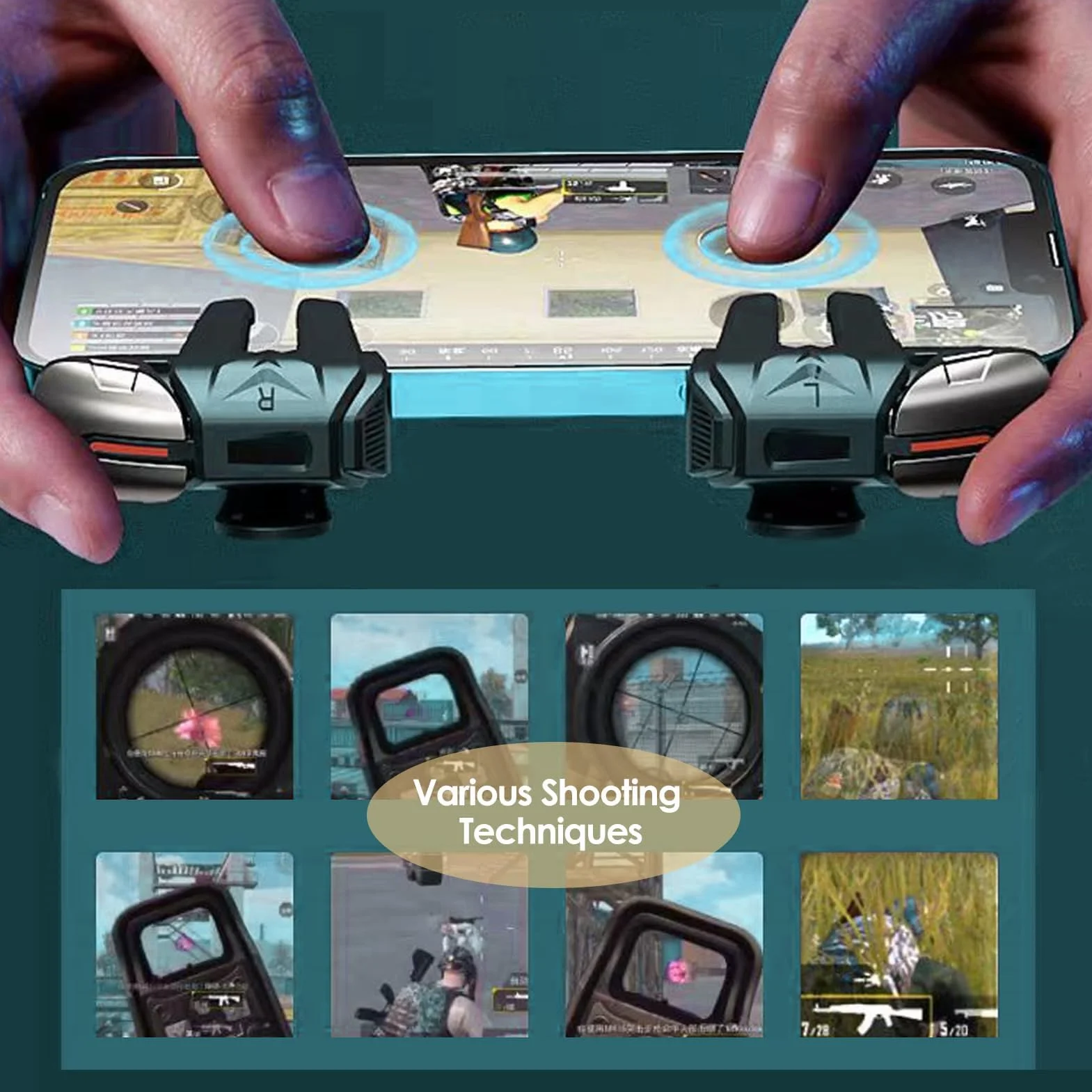 PUBG Triggers 6 Dita Joystick Controller 6 Dita Joystick Android e iPhone, Sensibilità Alta, Protezione Schermo - Compatibile con PUBG Mobile, Fortnite, Call of Duty - Nero