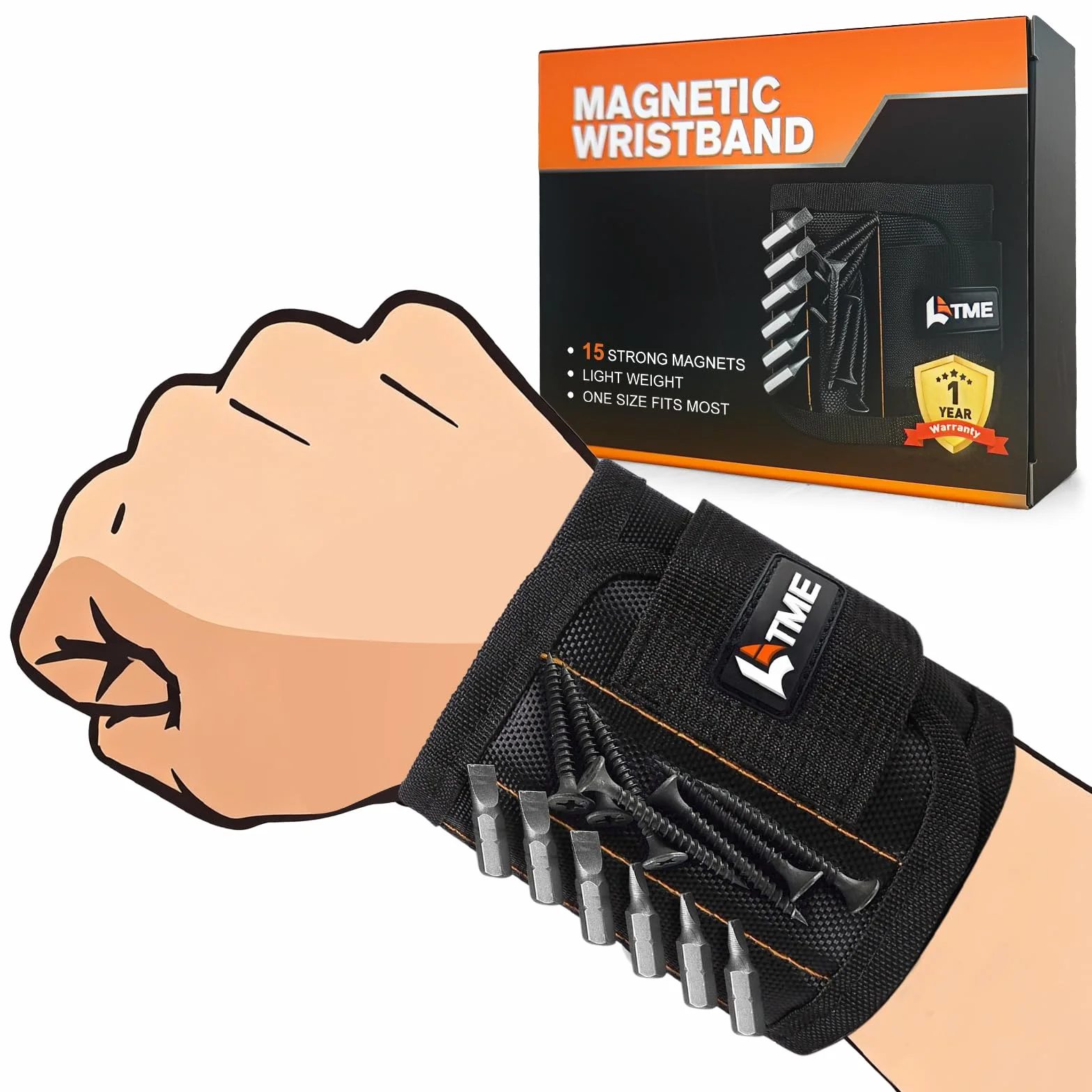 LATME Magnetic Wristband with 15 Strong Magnets for Holding Screws Nails Drill Bits-Best Armband Tool for DIY Handyman-Unique Tool Gift for Men Women (No Pocket)