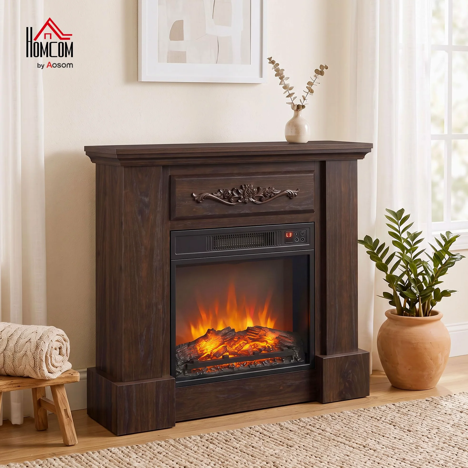 HOMCOM Camino Elettrico Cornice Effetto Fiamma Realistico 1800W Marrone | Caminetto Elettrico da Incasso e Terra, Stufa con Telecomando, Termostato, Timer, Riscaldamento Regolabile, Soggiorno
