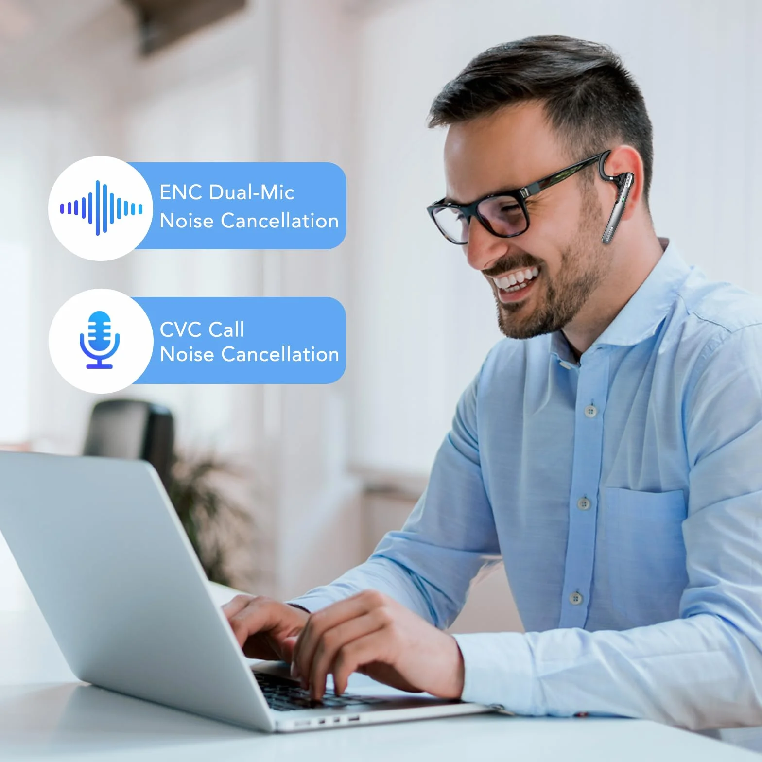 Auricolare Singolo Bluetooth V5.3, CVC Cancellazione Rumore Cuffie Wireless Bluetooth con Doppio Microfono, 100 Ore Di conversazione per Guida/Lavoro for iOS Android