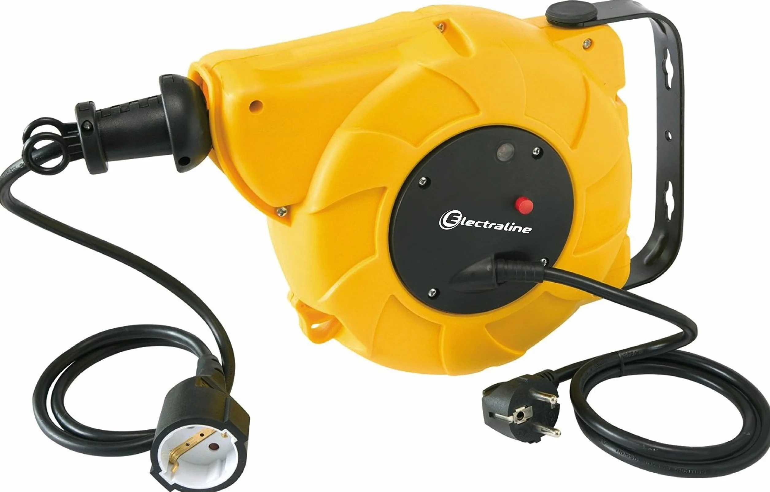 Electraline 100237 Avvolgicavo Molla, 15M (13+2), con Staffa di Fissaggio a Muro, prolunga elettrica con Sistema di avvolgimento Automatico, 230 V, 16 A, Nero/Giallo, 15 M