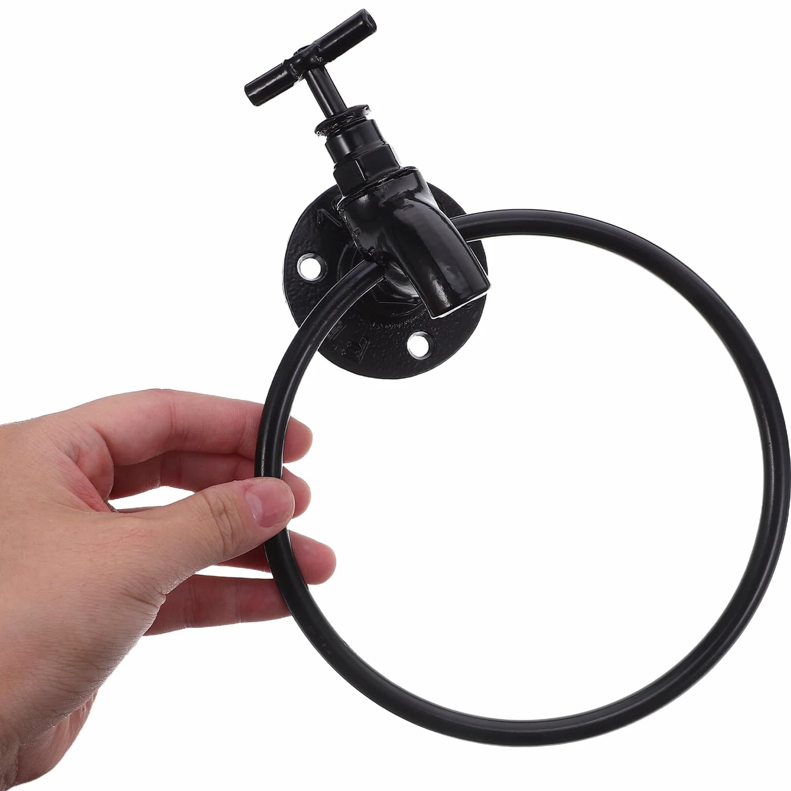 Porta Asciugamani ad Anello Rubinetto Nero in Ferro da Parete | Bagno e Casa, Forma Rotonda, Stile Vintage Rustico Elegante Moderno Artistico, Montaggio Semplice