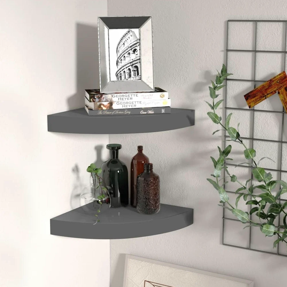 Set di 2 mensole da parete in MDF grigio lucido, 25 x 25 x 3,8 cm, piccole mensole per camera da letto, soggiorno, bagno, cucina, espositore per CD, elegante e funzionale