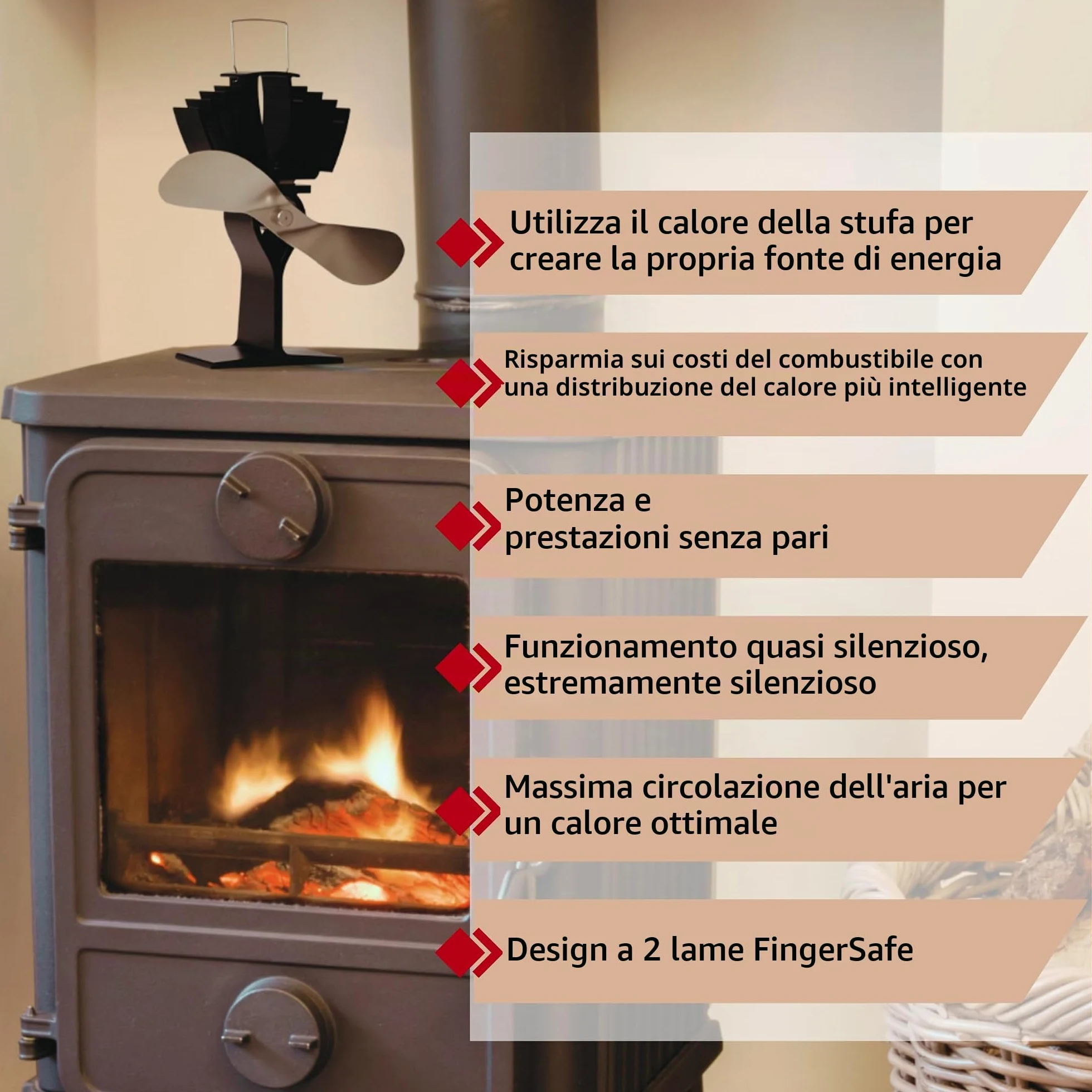 Ecofan AirMax - Ventilatore per stufa - Design classico potente - 175 CFM - Ideale per stufe a legna - Ventilatore termico per una circolazione dell'aria efficiente e risparmio di combustibile
