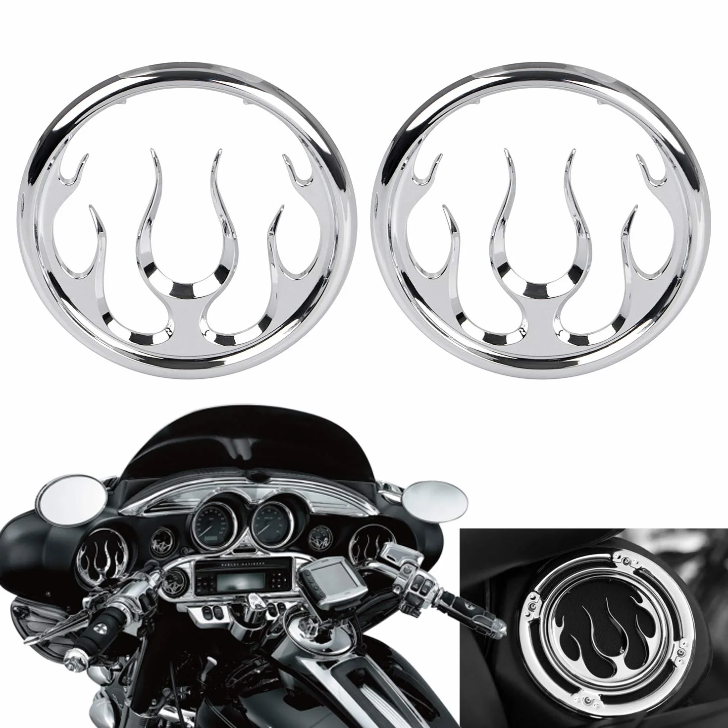 2 pezzi copertura e protezione altoparlanti fiamme altoparlanti griglie Accent Trim per Harley Touring Electra Glide Ultra Classic FLHTCU 2006-2013, cromato