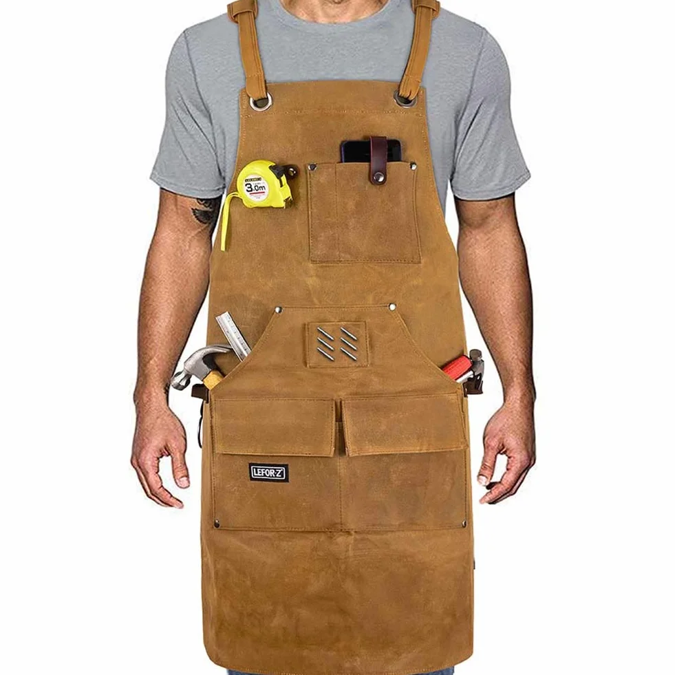 LEFOR·Z Grembiule da Lavoro,Grembiule Falegname,Grembiule da Falegname Uomo con Cinghie Incrociate Sul Retro,Dieci Tasche,Grembiule per Attrezzi In Tela Cerata,Regolabile da M a XXL,Marrone