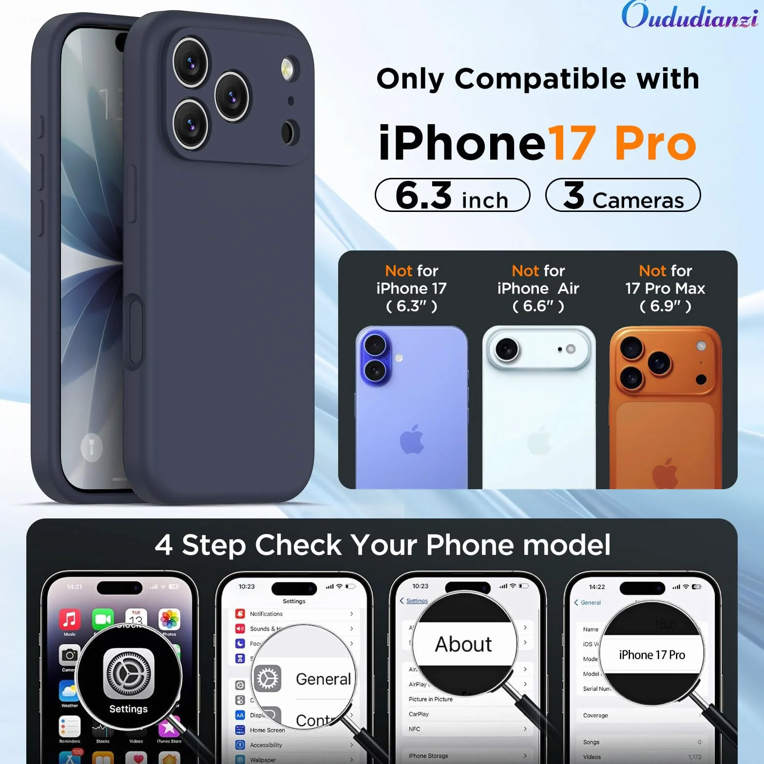 Oududianzi - Cover Compatibile con iPhone 17 Pro Silicone Liquido, Interno in Microfibra Morbida, Protezione Antiurto Resistente Aantigraffio Custodia iPhone 17 Pro Case - Blu Notte