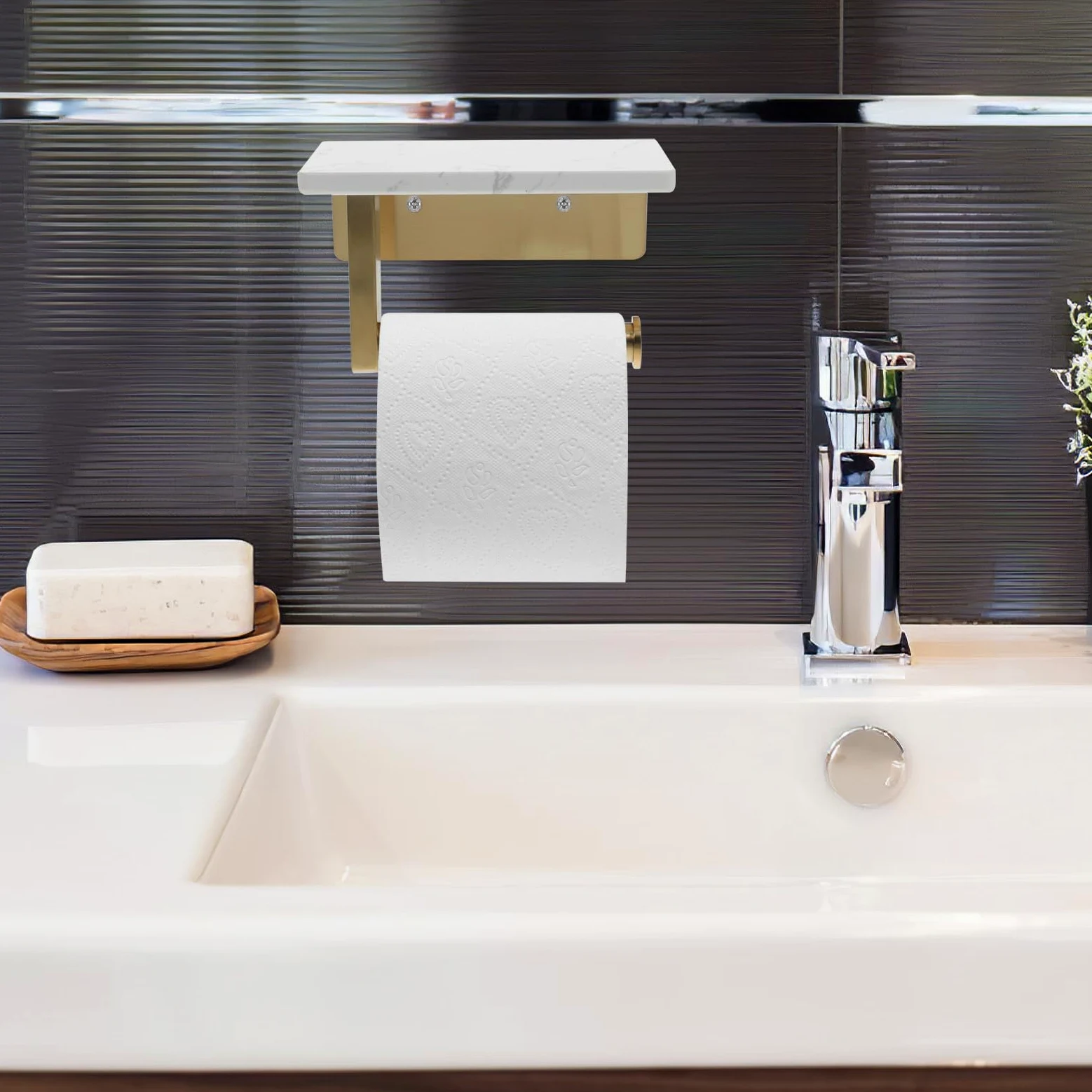Portarotolo di Carta da Parete in Acciaio Inox Ripiano Marmo | Distanza Foro Centrale 8, 3cm, Finitura Oro, per Bagno Moderno ed Elegante