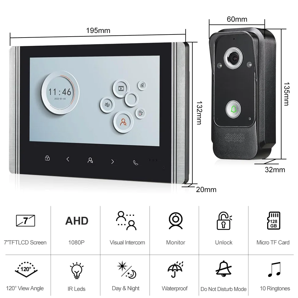 Sistema di videocitofono cablato con schermo a colori IPS da 7 pollici, videocitofono HD 1080P e telecamera da 2 megapixel con supporto per sblocco, citofono bidirezionale