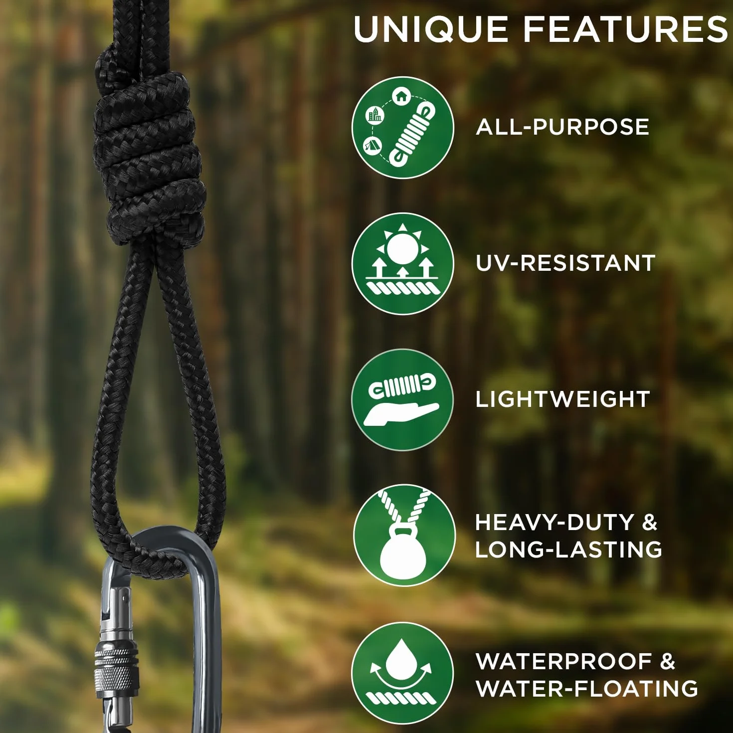 TECEUM Corda– 7mm & 10mm – 27,5M | 45M – Multiuso Resistente – Campeggio, Artigianato, Uso Interno ed Esterno – Corda Leggera Intrecciata a Diamante in Polipropilene e Nylon – Nero (Black)