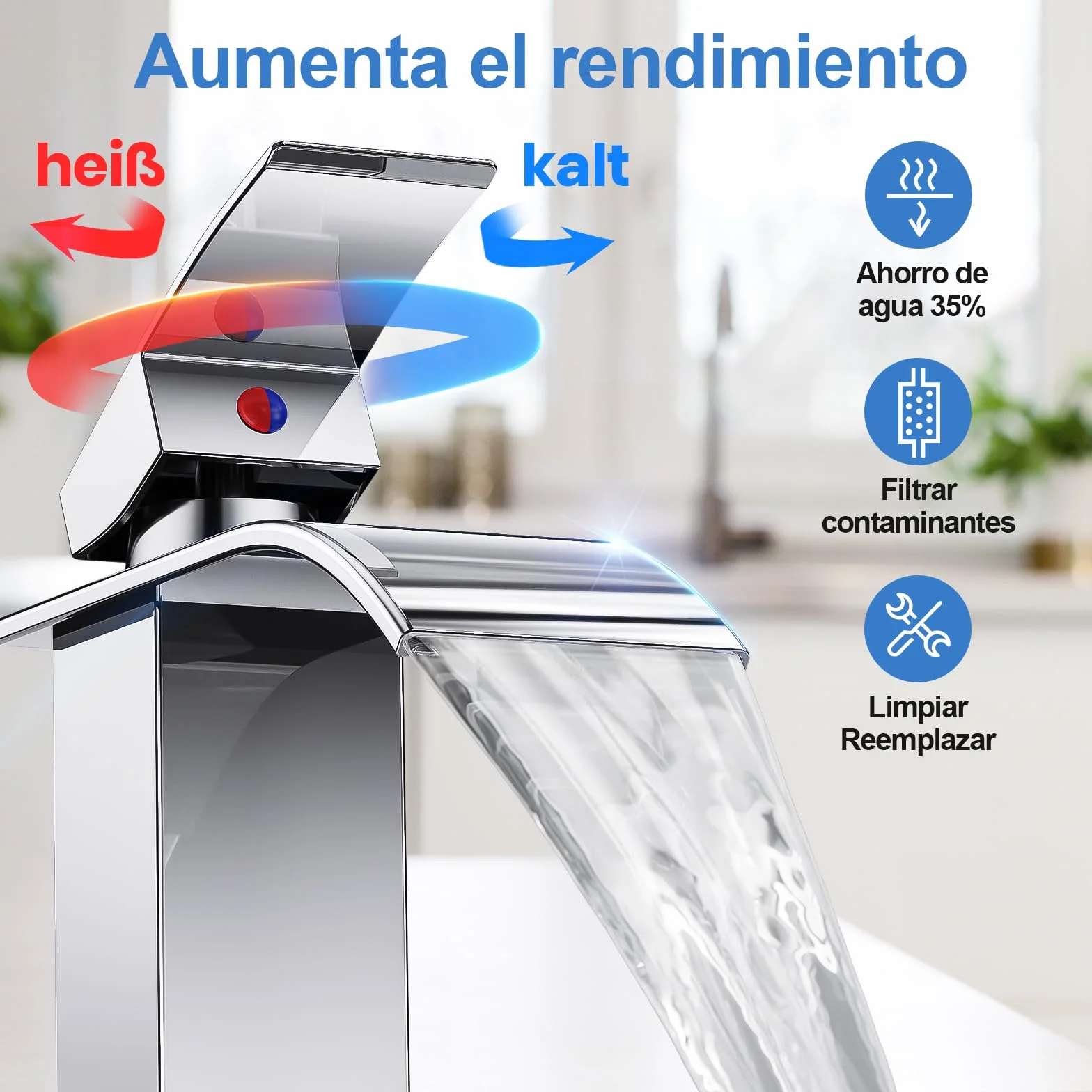 Rubinetto Bagno Lavabo a Cascata,Miscelatore Lavabo Bagno,Miscelatore per bagno in ottone e acciaio inox, cromato (incl. tubo da 60 cm)