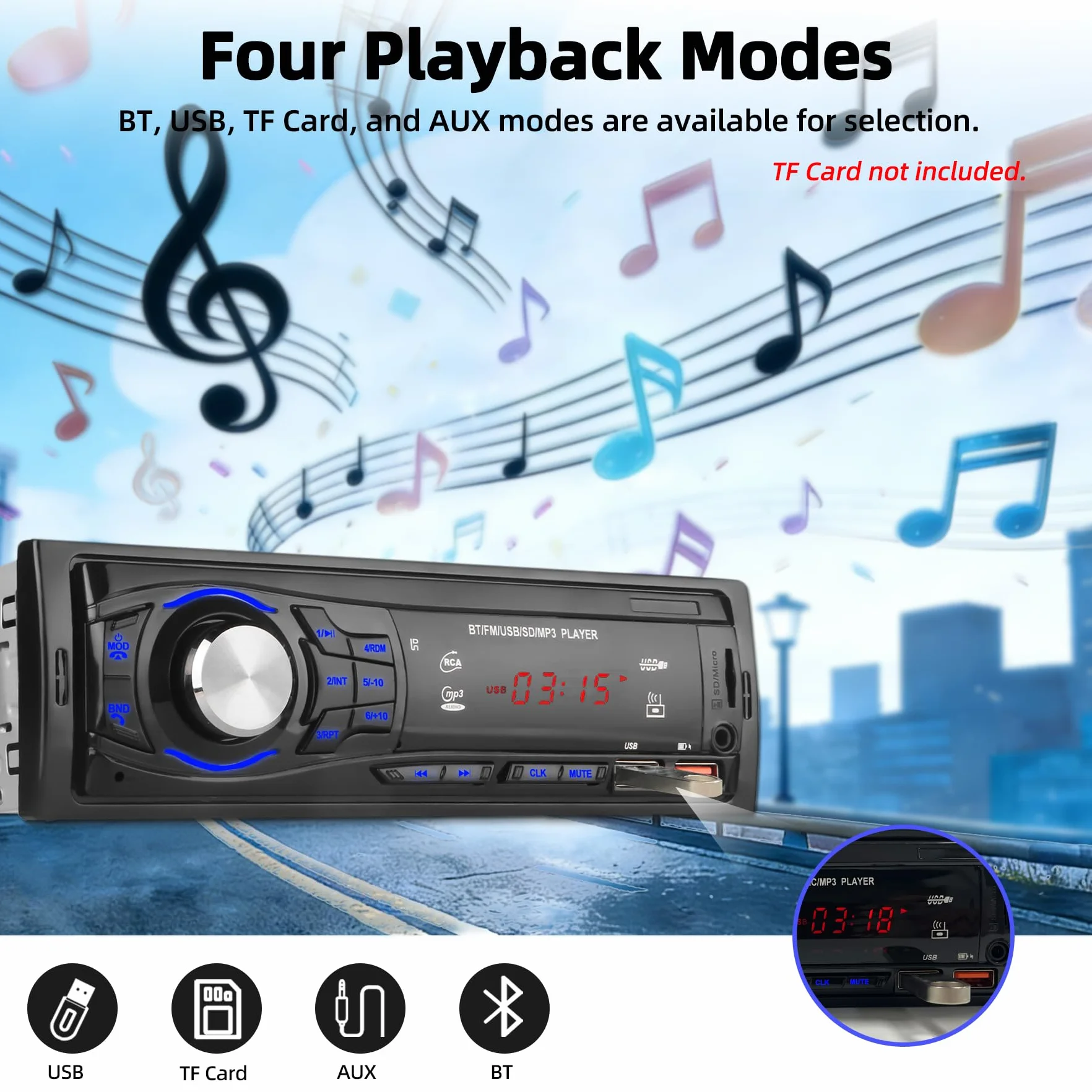 Autoradio Bluetooth 1 DIN - Stereo Auto con 2 Porte USB, Vivavoce Bluetooth, Radio FM, Supporto MP3 via USB/SD/AUX, Telecomando Incluso - Autoradio per auto 12V (nero)