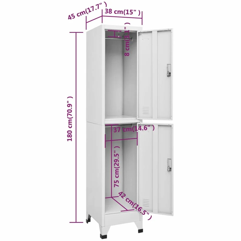 SYDE Armadio in acciaio 38 x 45 x 180 cm con serratura | 2 scomparti, asta per appendere, ideale per spogliatoio