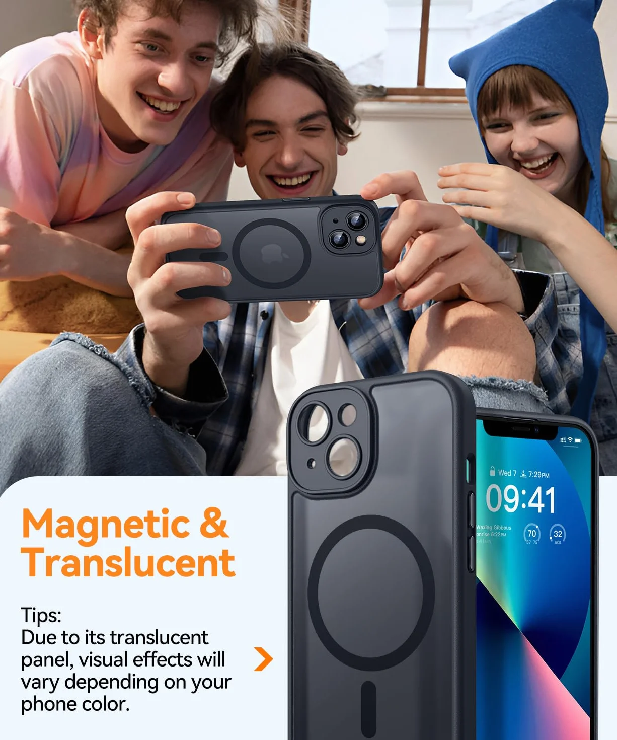 CANSHN Cover Magnetica per iPhone 13(6,1 Pollici), Compatibile con MagSafe, [Protezione Completa Della Fotocamera], Custodia Traslucida Opaca Protettiva Sottile Antiurto,Nero